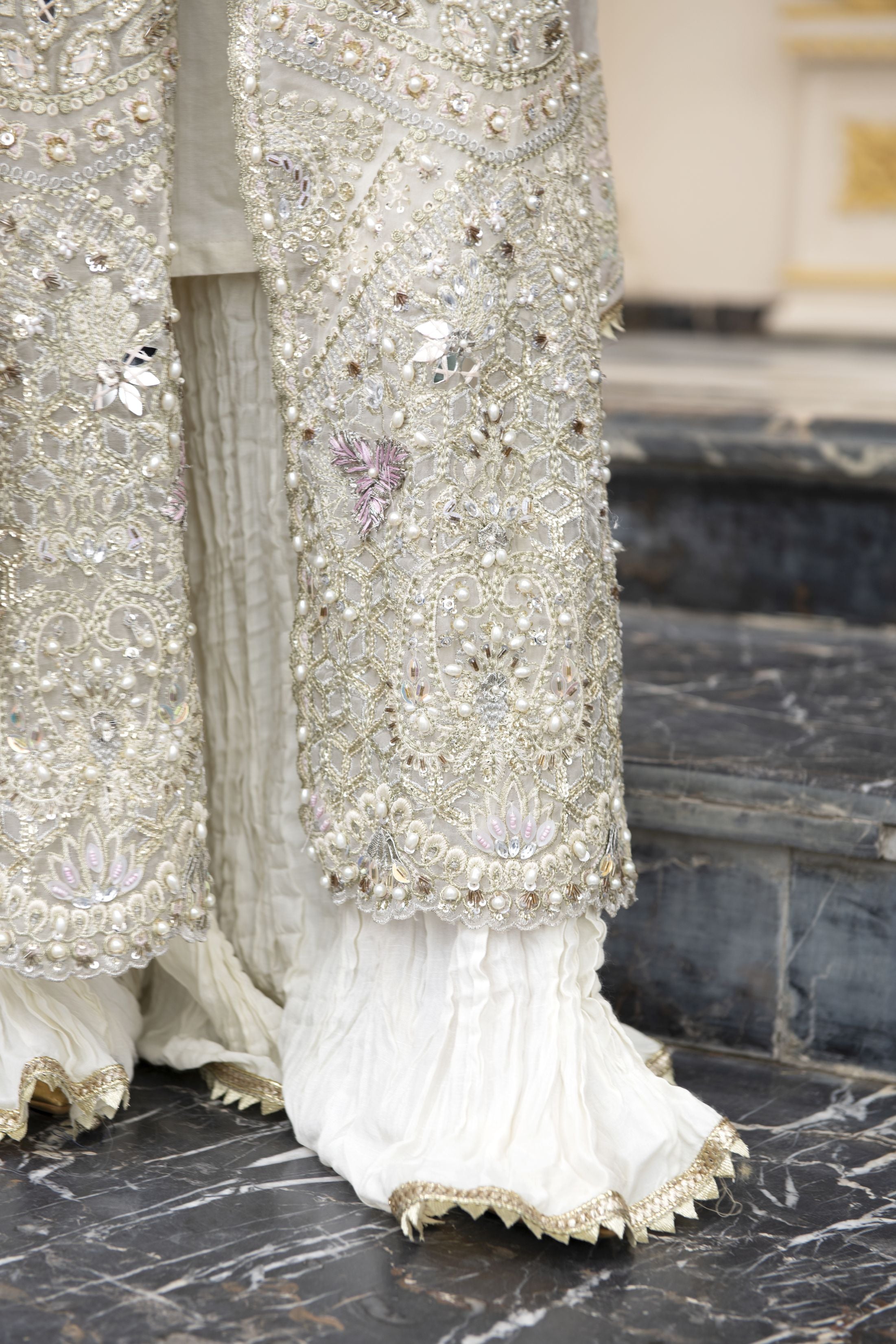 Ivory Embellished Organza Gown Style 3pc Dress with Crushed Sharara by Silver SBS11