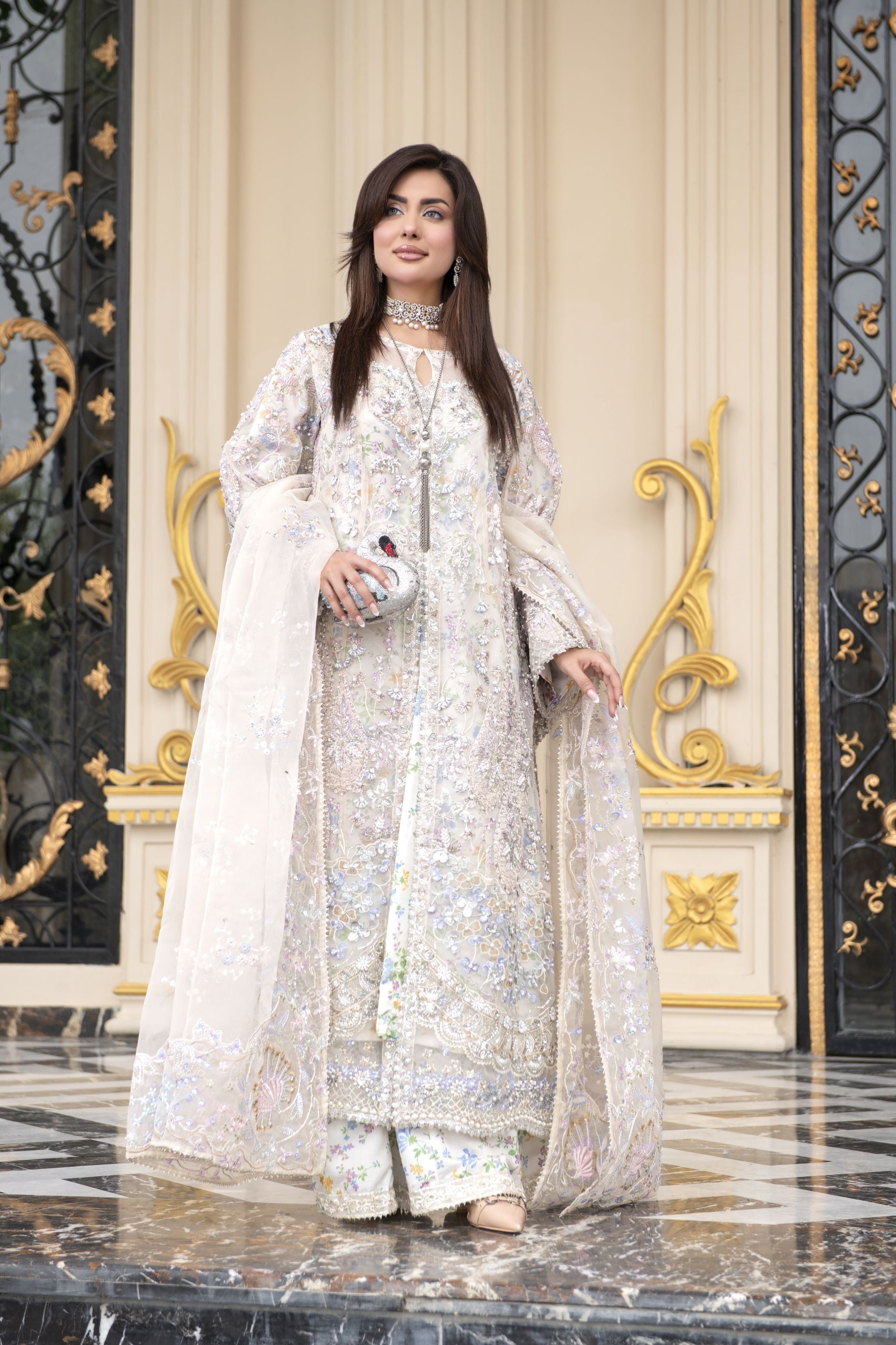 Pastel Ivory Embroidered Organza 3pc Open Slit Shirt with Printed Sharara by Silver SBS13