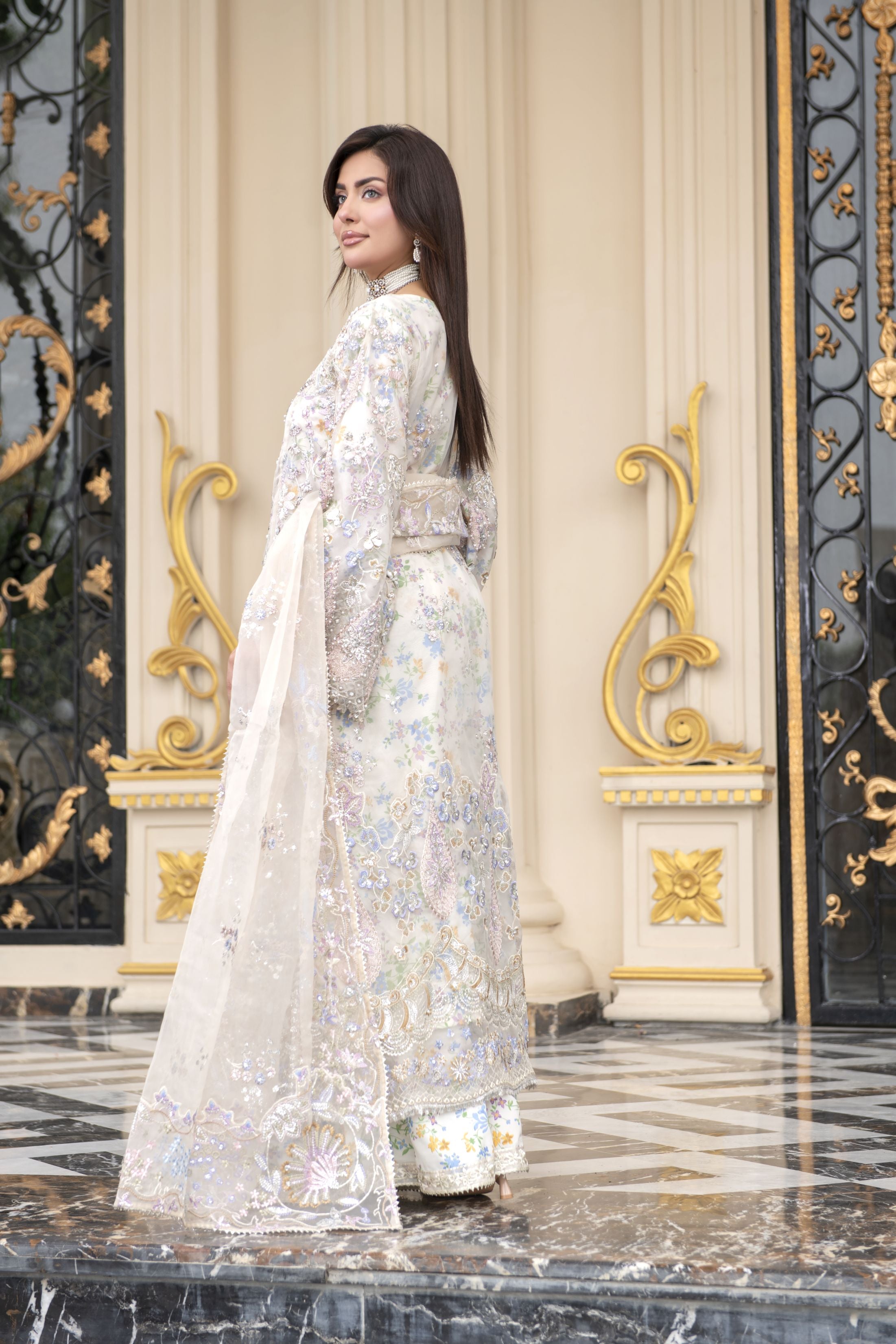 Pastel Ivory Embroidered Organza 3pc Open Slit Shirt with Printed Sharara by Silver SBS13