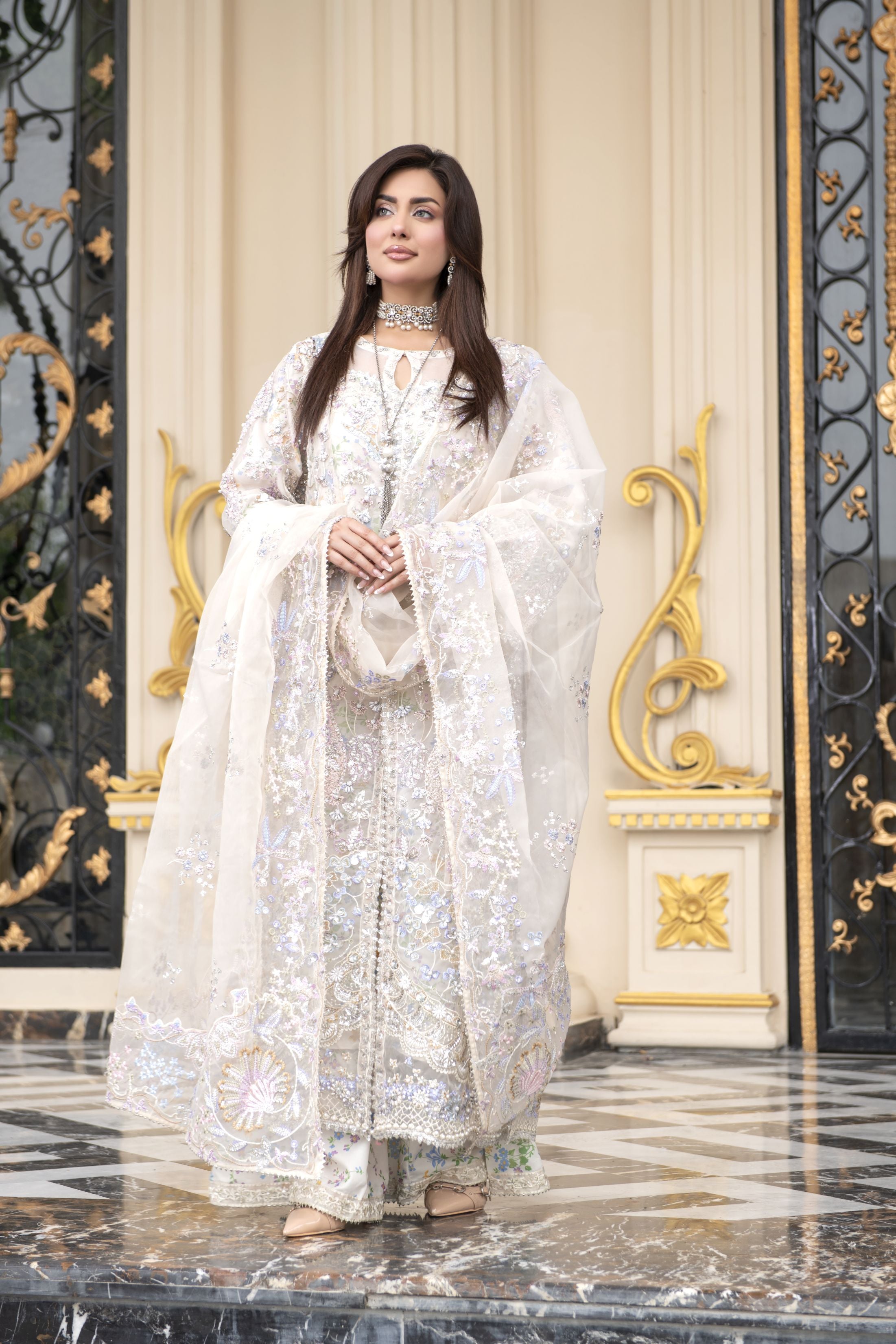 Pastel Ivory Embroidered Organza 3pc Open Slit Shirt with Printed Sharara by Silver SBS13