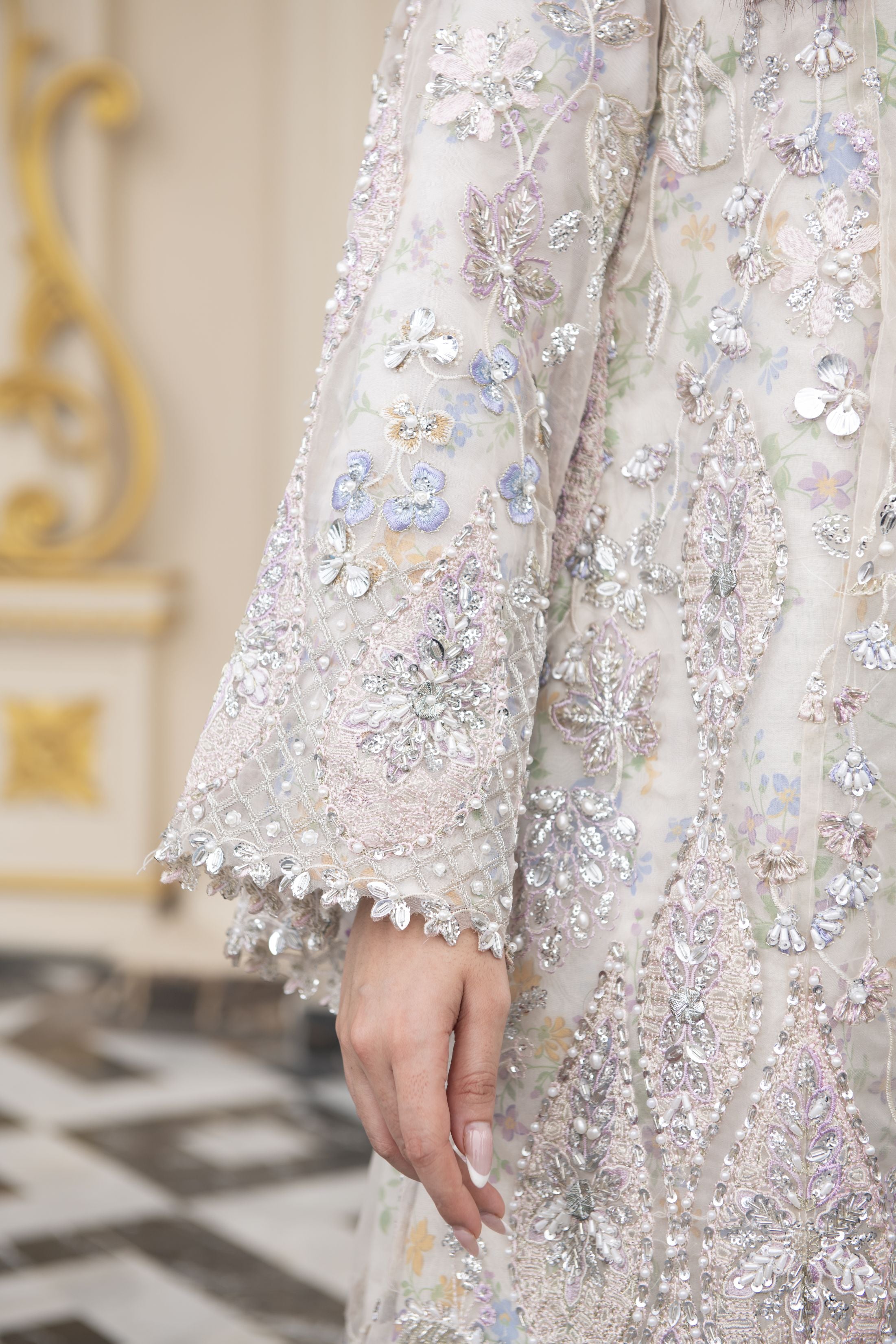 Pastel Ivory Embroidered Organza 3pc Open Slit Shirt with Printed Sharara by Silver SBS13