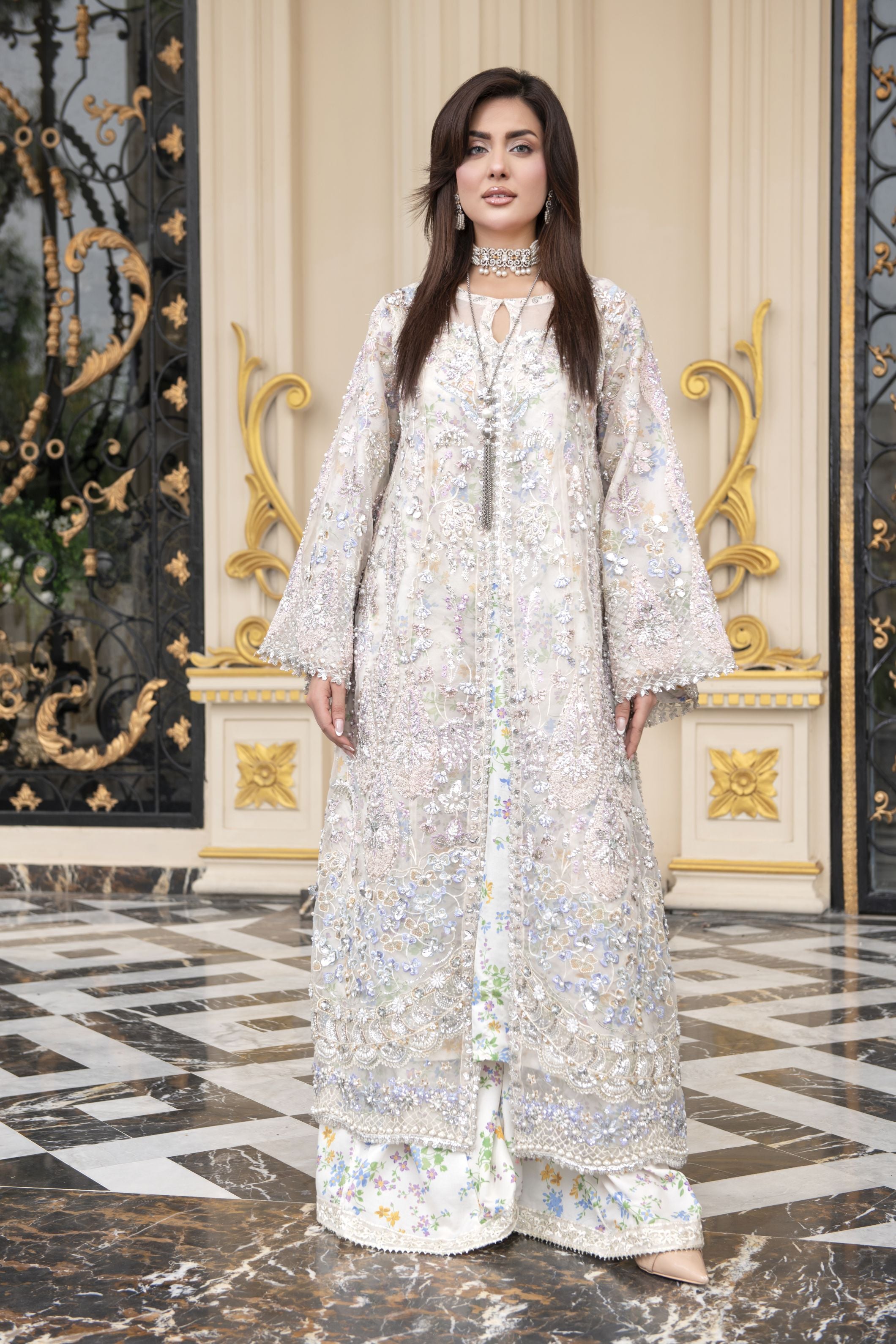Pastel Ivory Embroidered Organza 3pc Open Slit Shirt with Printed Sharara by Silver SBS13