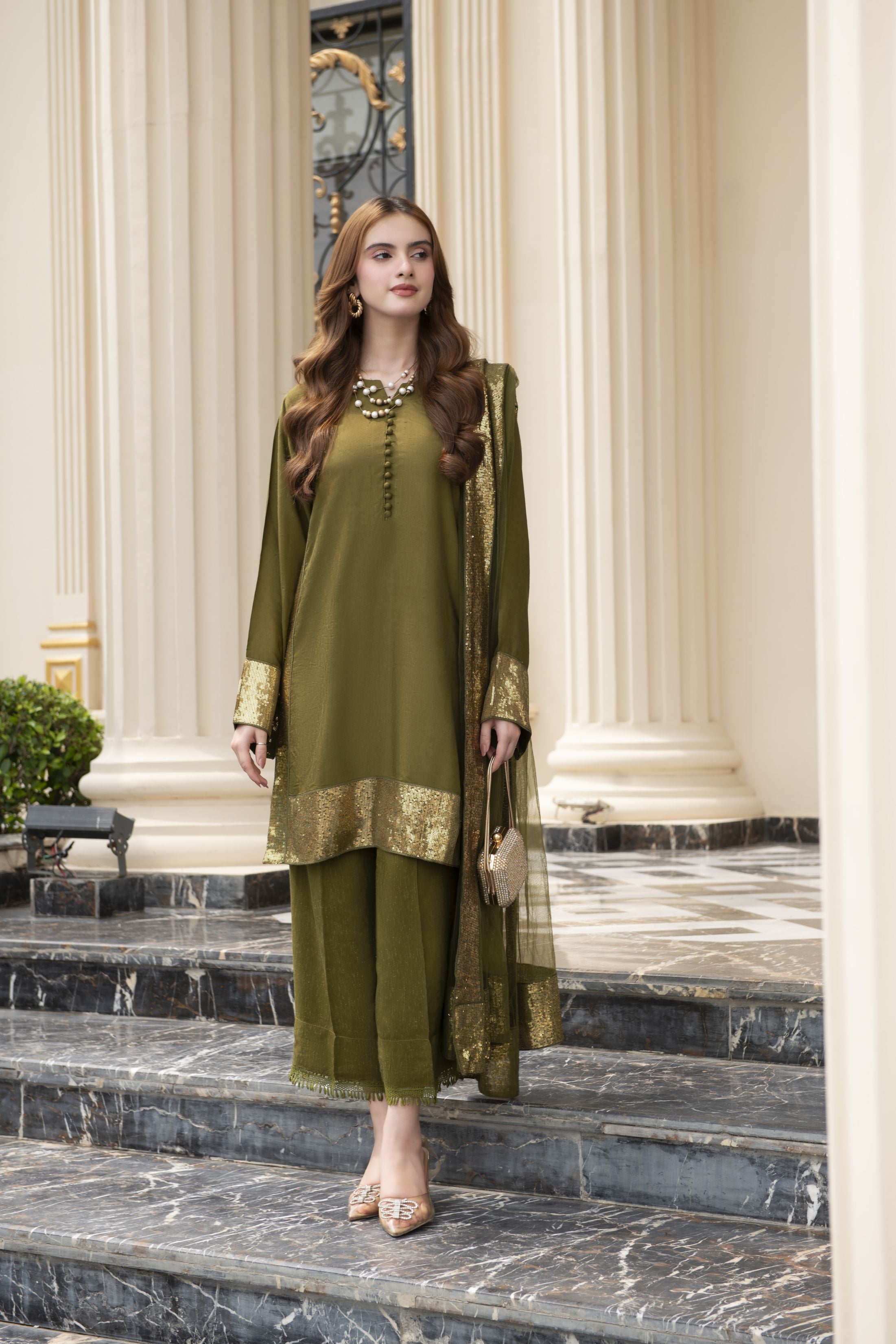 Threaded Grace Silk Karandi by Gul Warun – Olive Green Sequin 3pc Suit TGS7