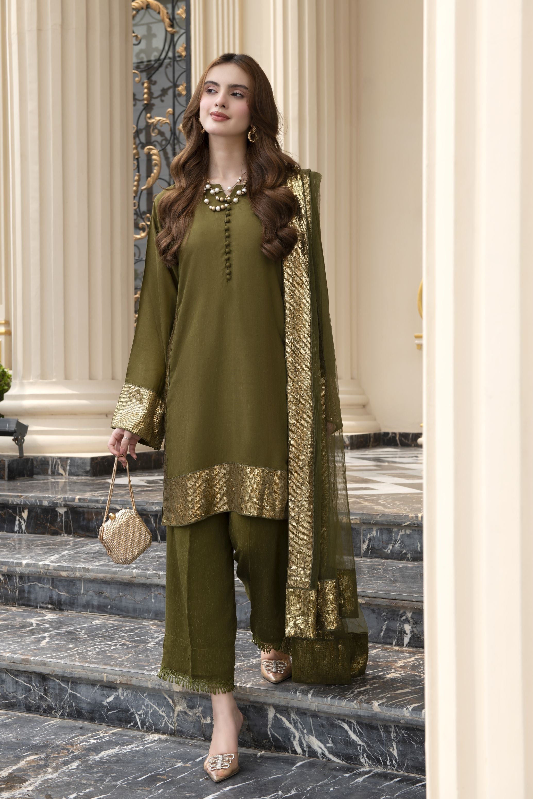 Threaded Grace Silk Karandi by Gul Warun – Olive Green Sequin 3pc Suit TGS7