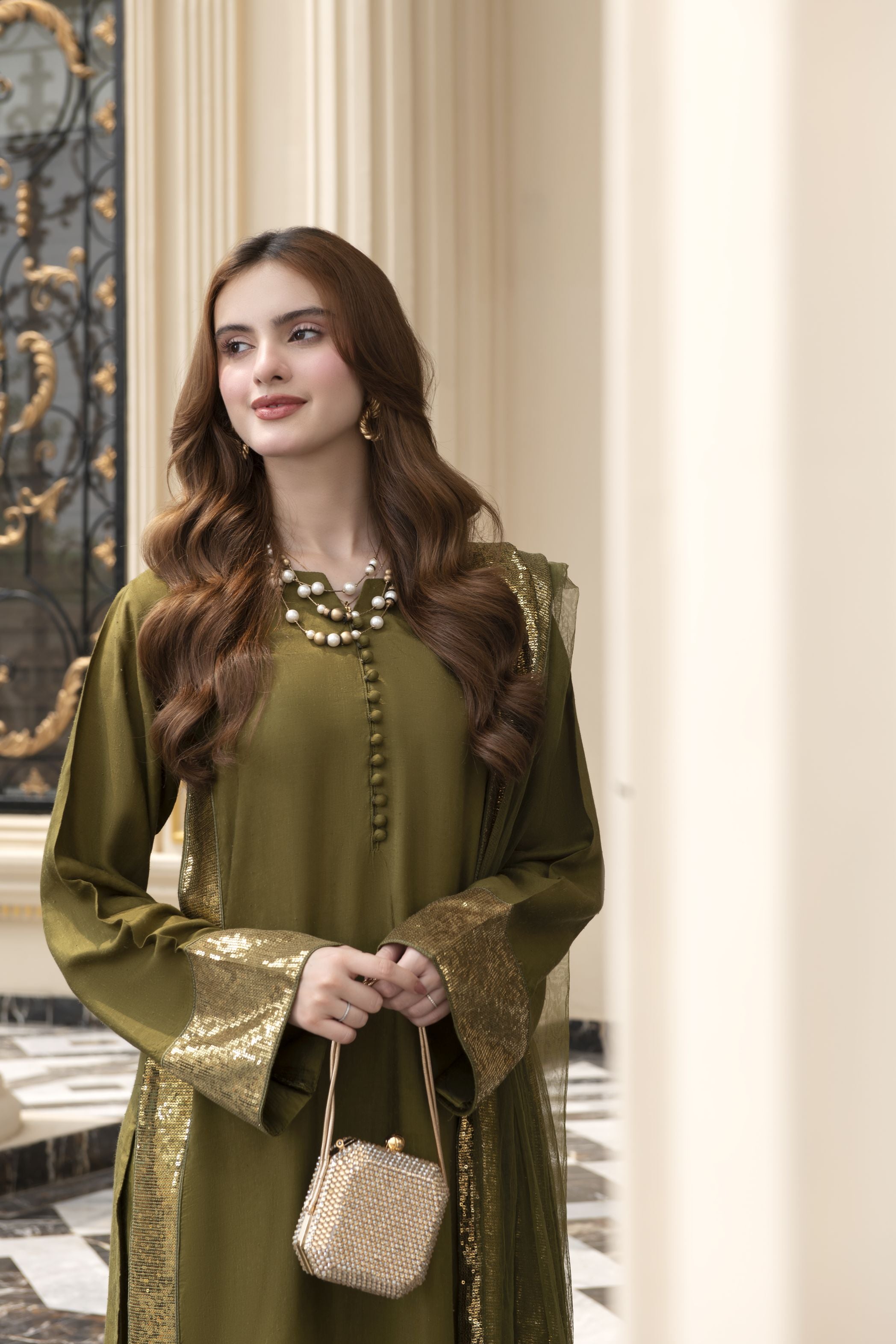 Threaded Grace Silk Karandi by Gul Warun – Olive Green Sequin 3pc Suit TGS7