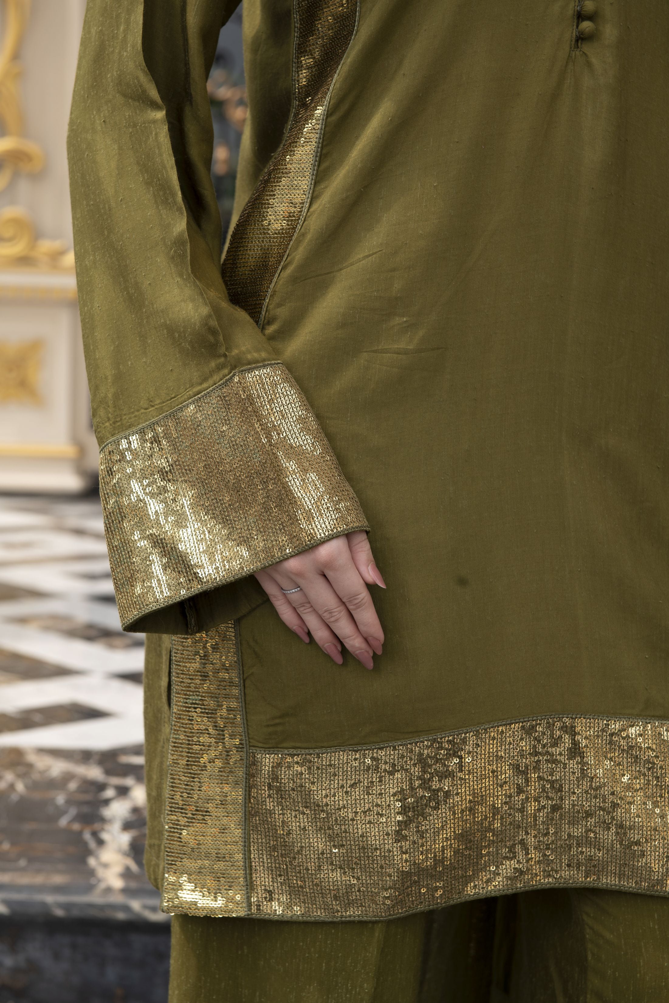 Threaded Grace Silk Karandi by Gul Warun – Olive Green Sequin 3pc Suit TGS7