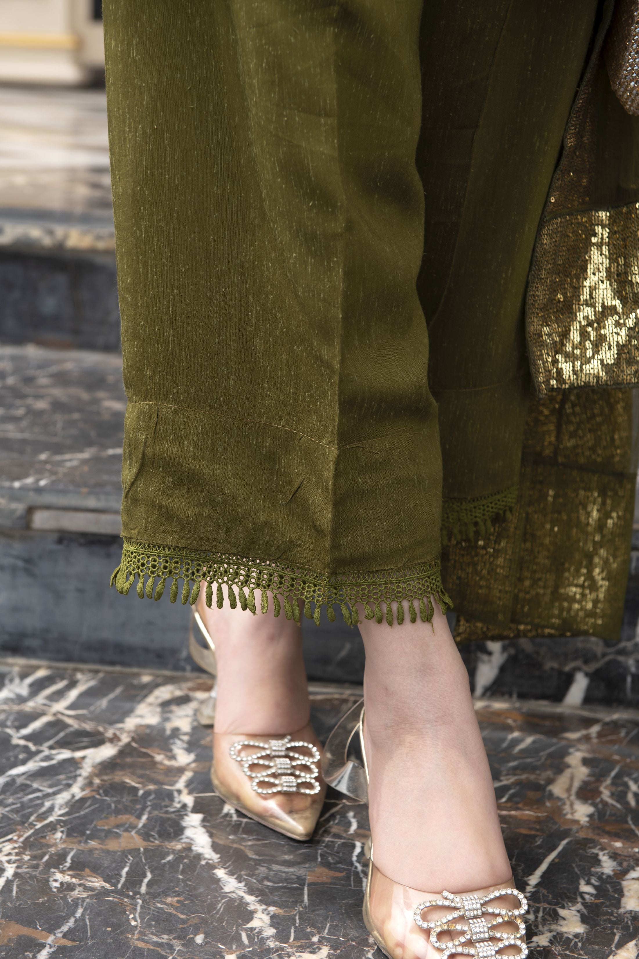 Threaded Grace Silk Karandi by Gul Warun – Olive Green Sequin 3pc Suit TGS7