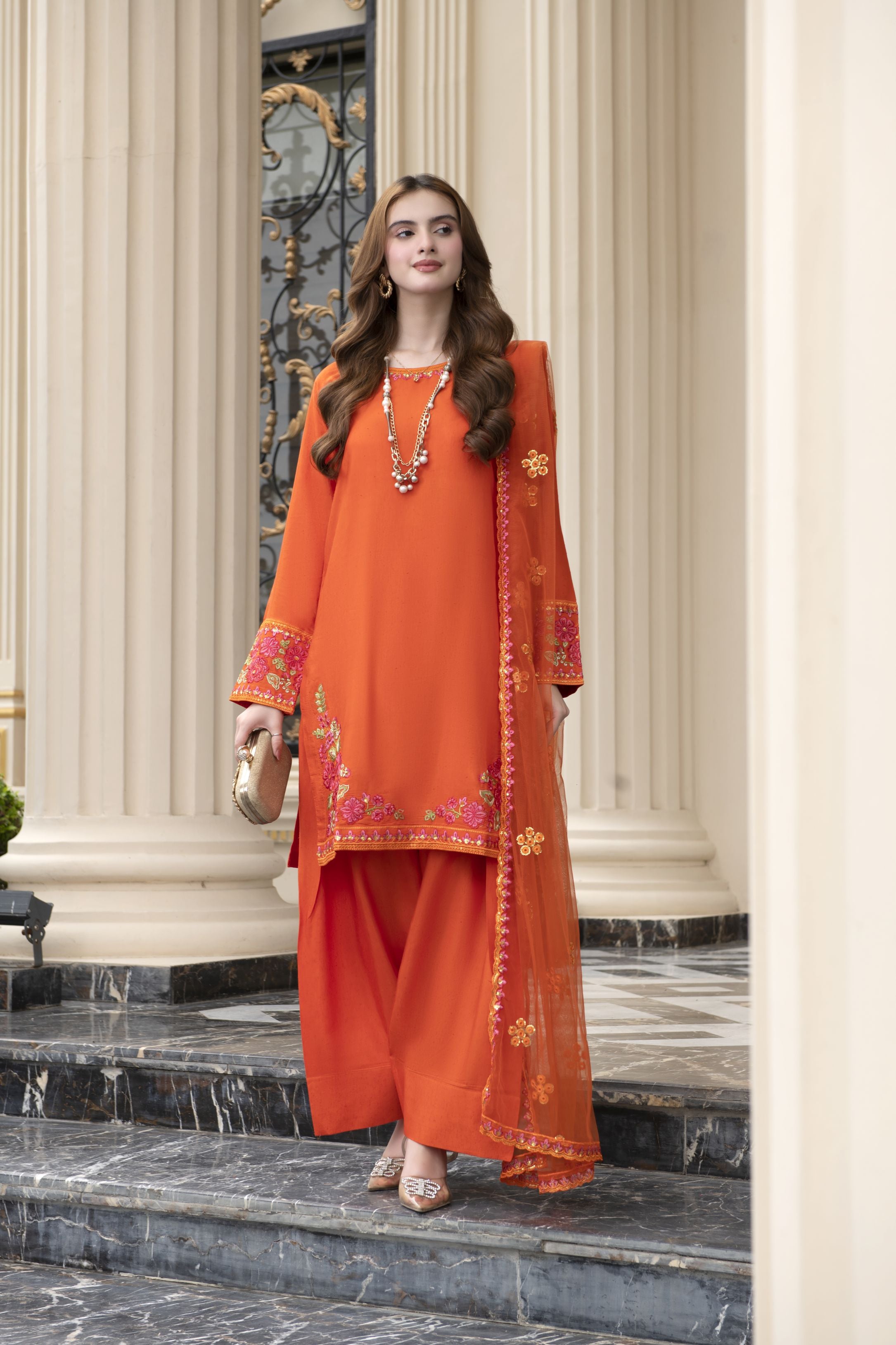 Threaded Grace Silk Karandi by Gul Warun – Rust Orange 3pc Farshi Shalwar Suit TGS6