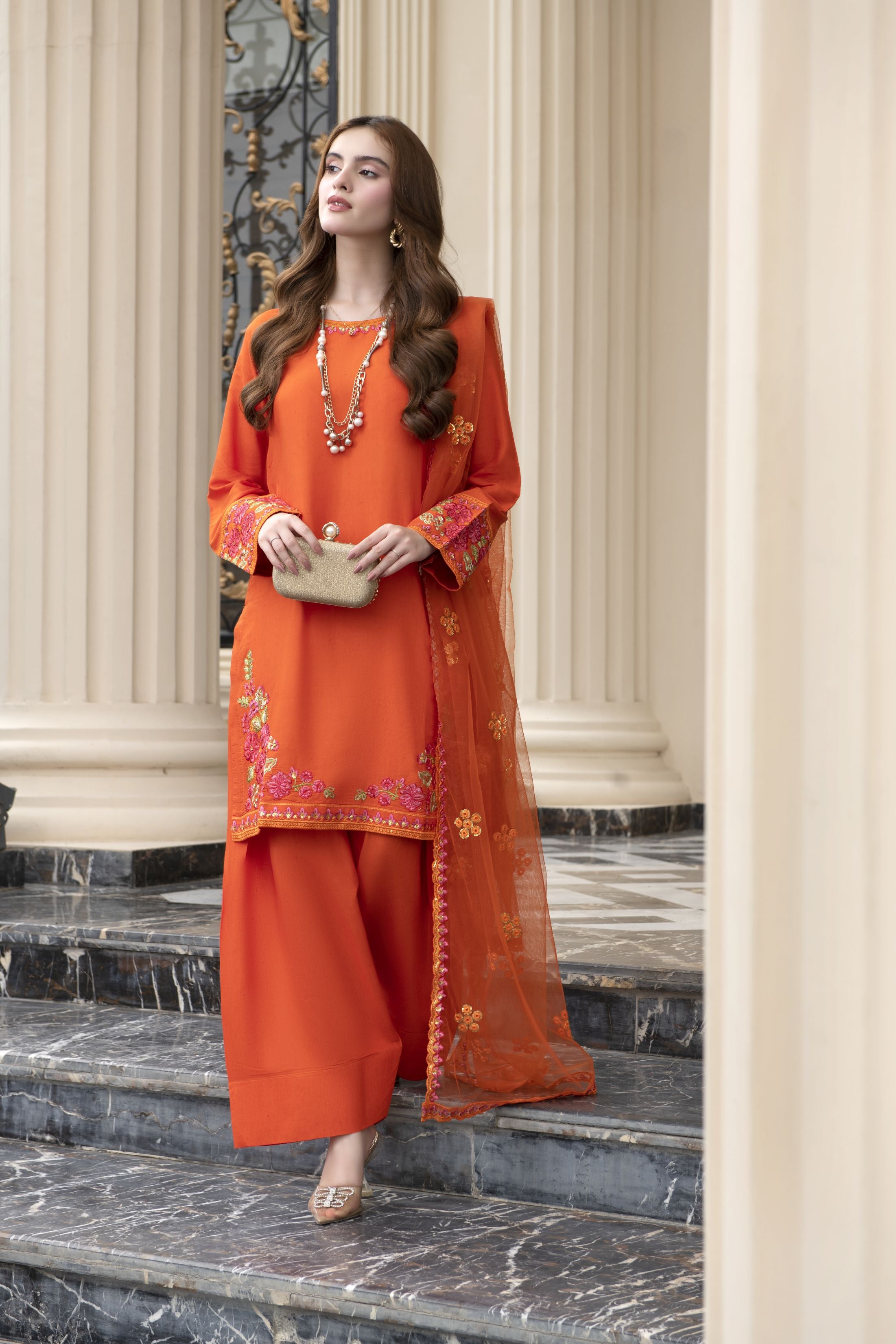 Threaded Grace Silk Karandi by Gul Warun – Rust Orange 3pc Farshi Shalwar Suit TGS6