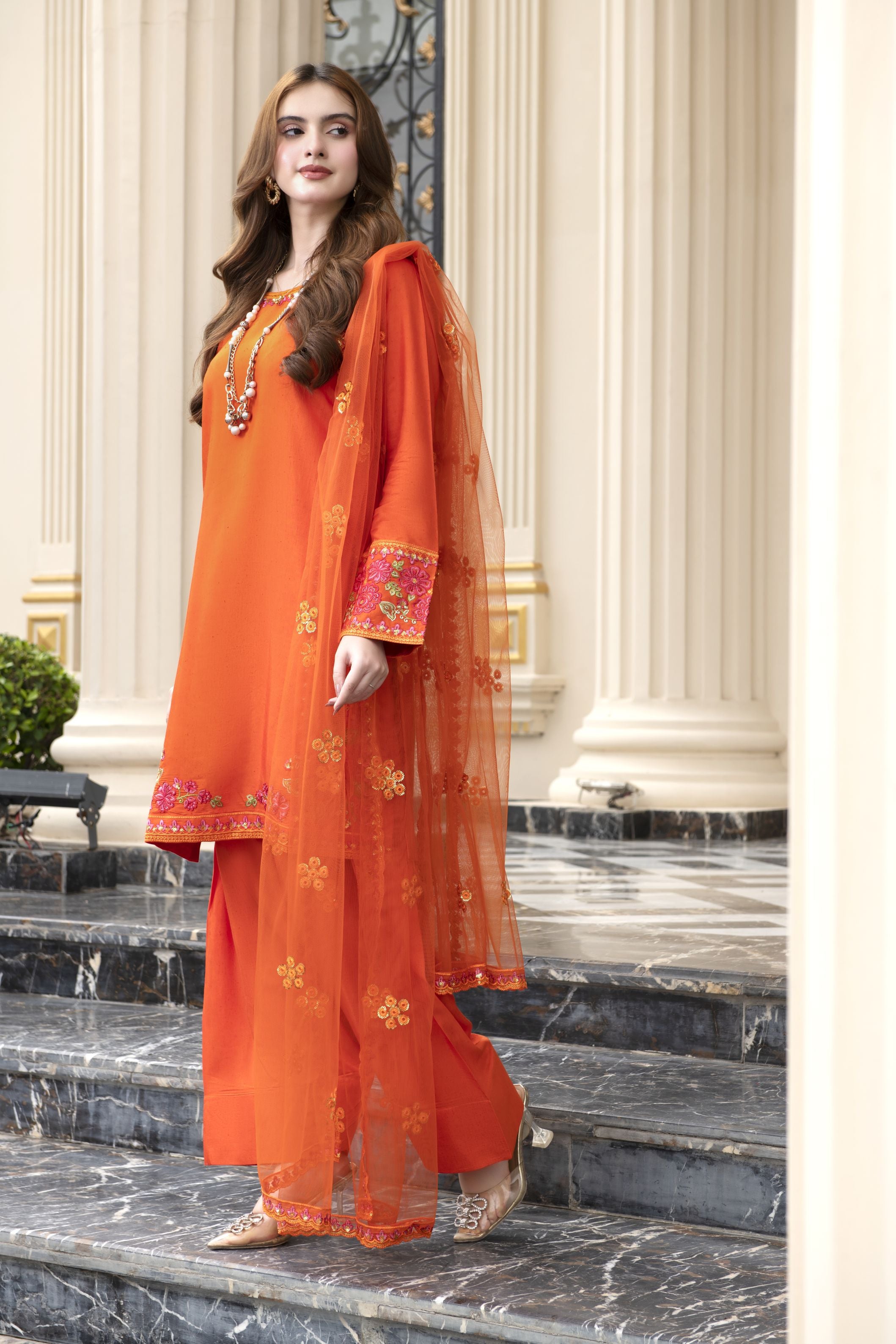 Threaded Grace Silk Karandi by Gul Warun – Rust Orange 3pc Farshi Shalwar Suit TGS6