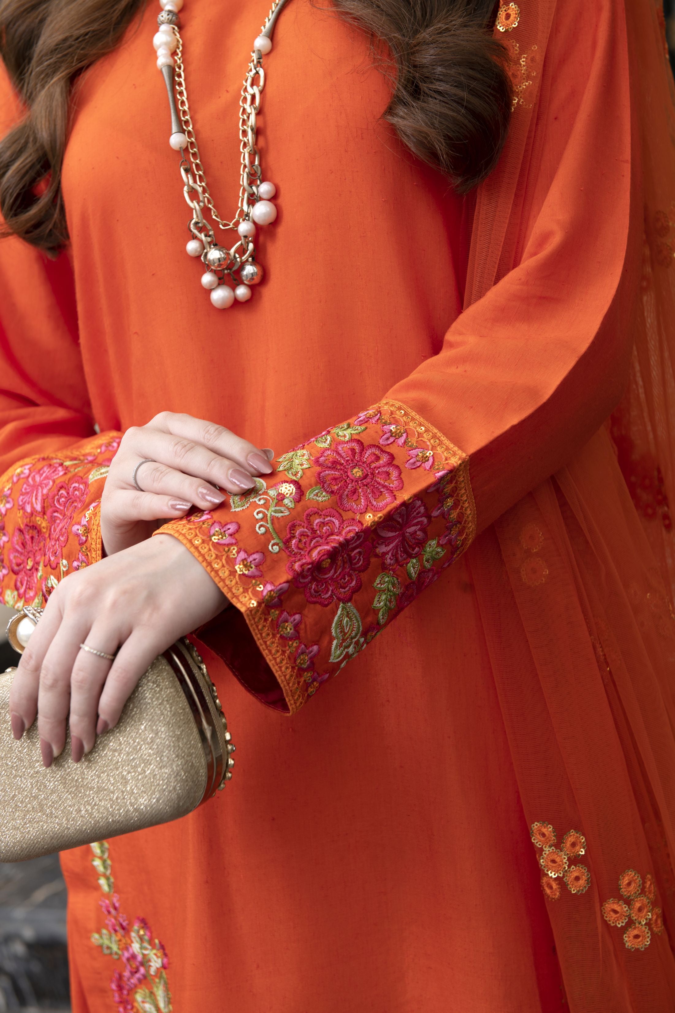 Threaded Grace Silk Karandi by Gul Warun – Rust Orange 3pc Farshi Shalwar Suit TGS6
