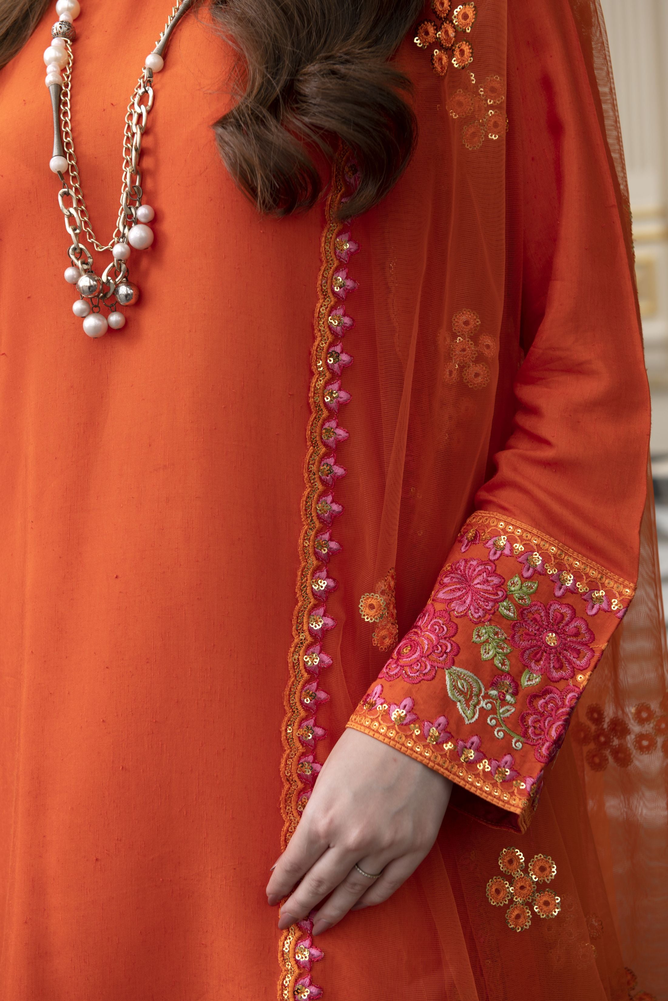 Threaded Grace Silk Karandi by Gul Warun – Rust Orange 3pc Farshi Shalwar Suit TGS6