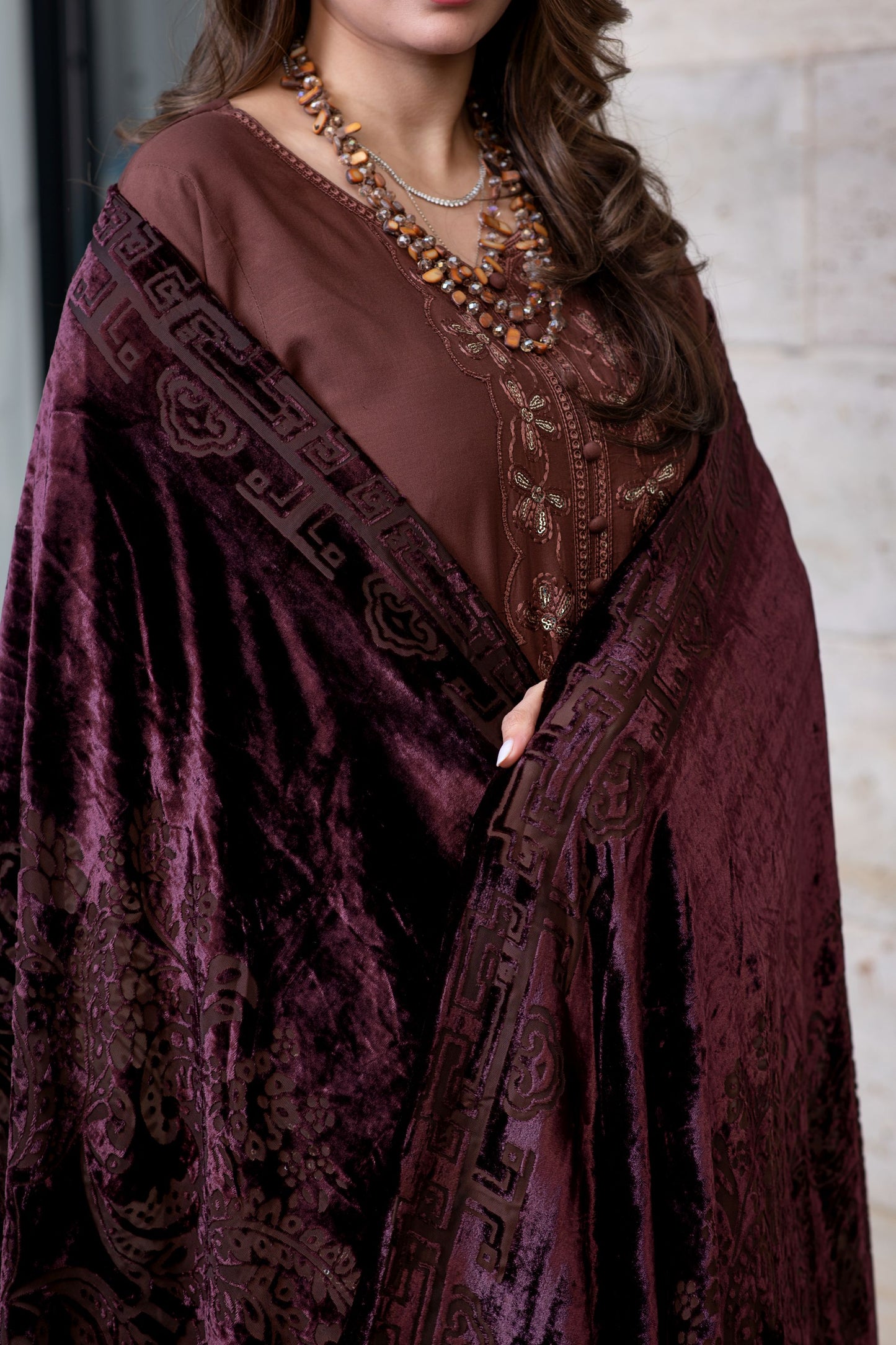 Zohra | Coffee Brown 3pc Ready to Wear Winter Dress with Palachi Shawl ZAB3