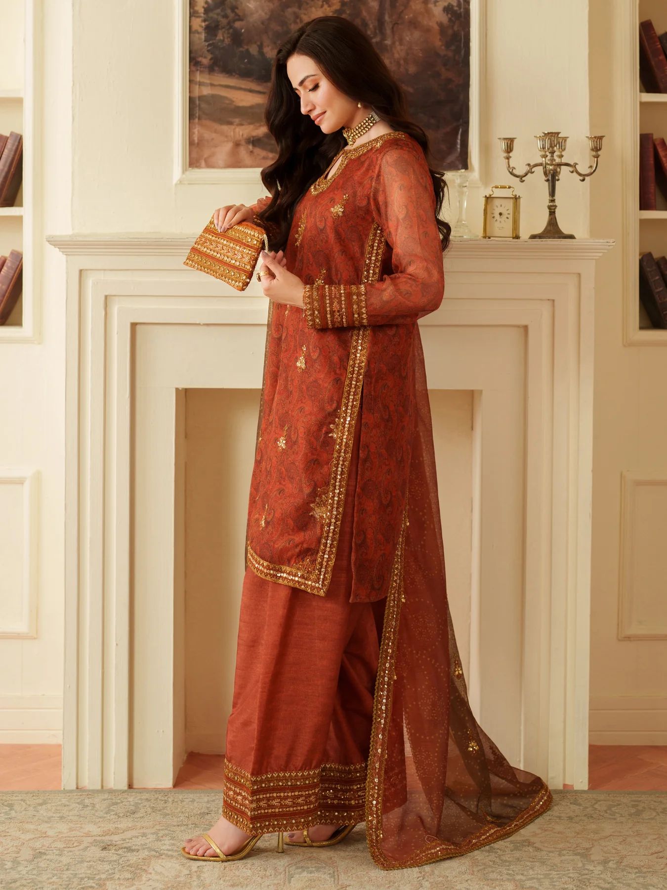 Opal Edit by Mohagni Khadi Net 3pc Suit with Farshi Shalwar & Bag FMC8