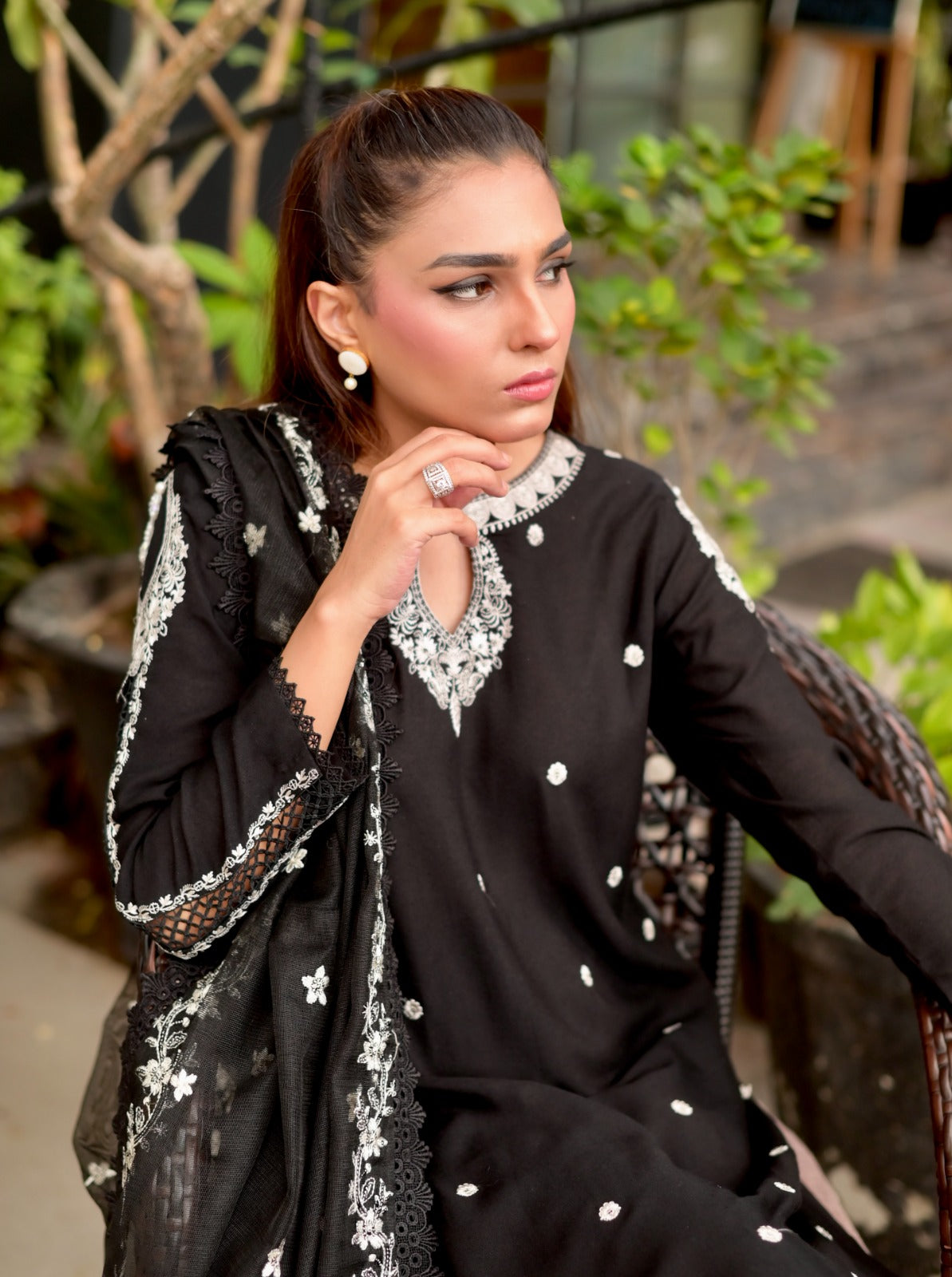 3pc Karandi Embroidered Black Dress by Mona AX1