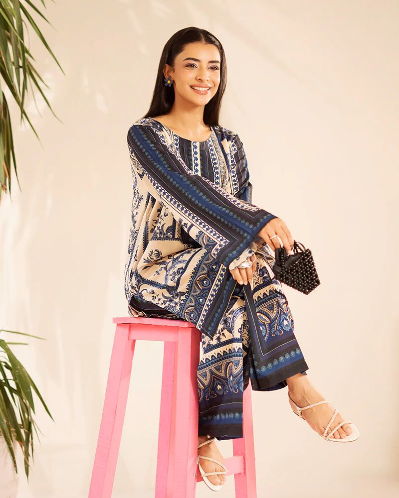 Everyday Luxe by Mona – Navy Blue & Cream Silk Lawn 2pc Co-Ord Set | MES10