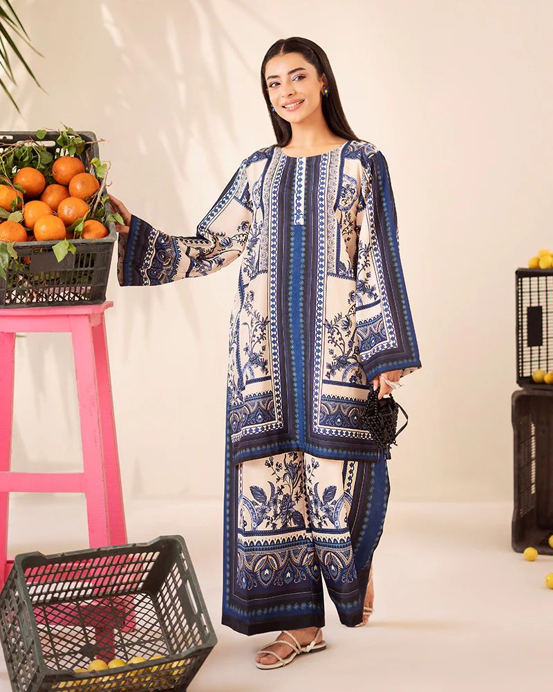 Everyday Luxe by Mona – Navy Blue & Cream Silk Lawn 2pc Co-Ord Set | MES10