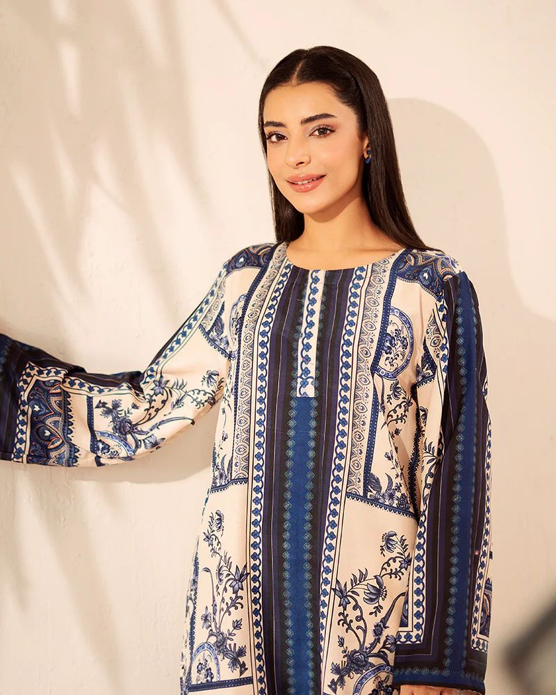 Everyday Luxe by Mona – Navy Blue & Cream Silk Lawn 2pc Co-Ord Set | MES10