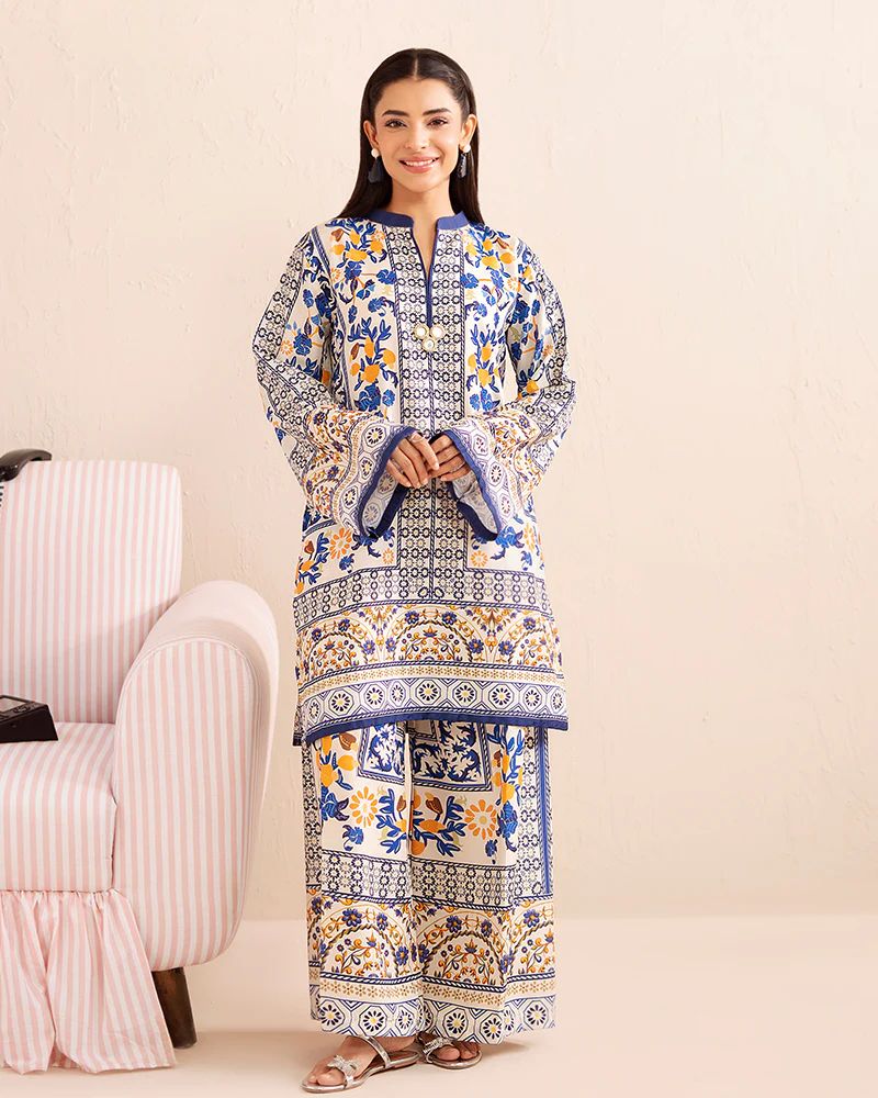Everyday Luxe by Mona – Blue & Yellow Silk Lawn 2pc Co-Ord Set | MES2