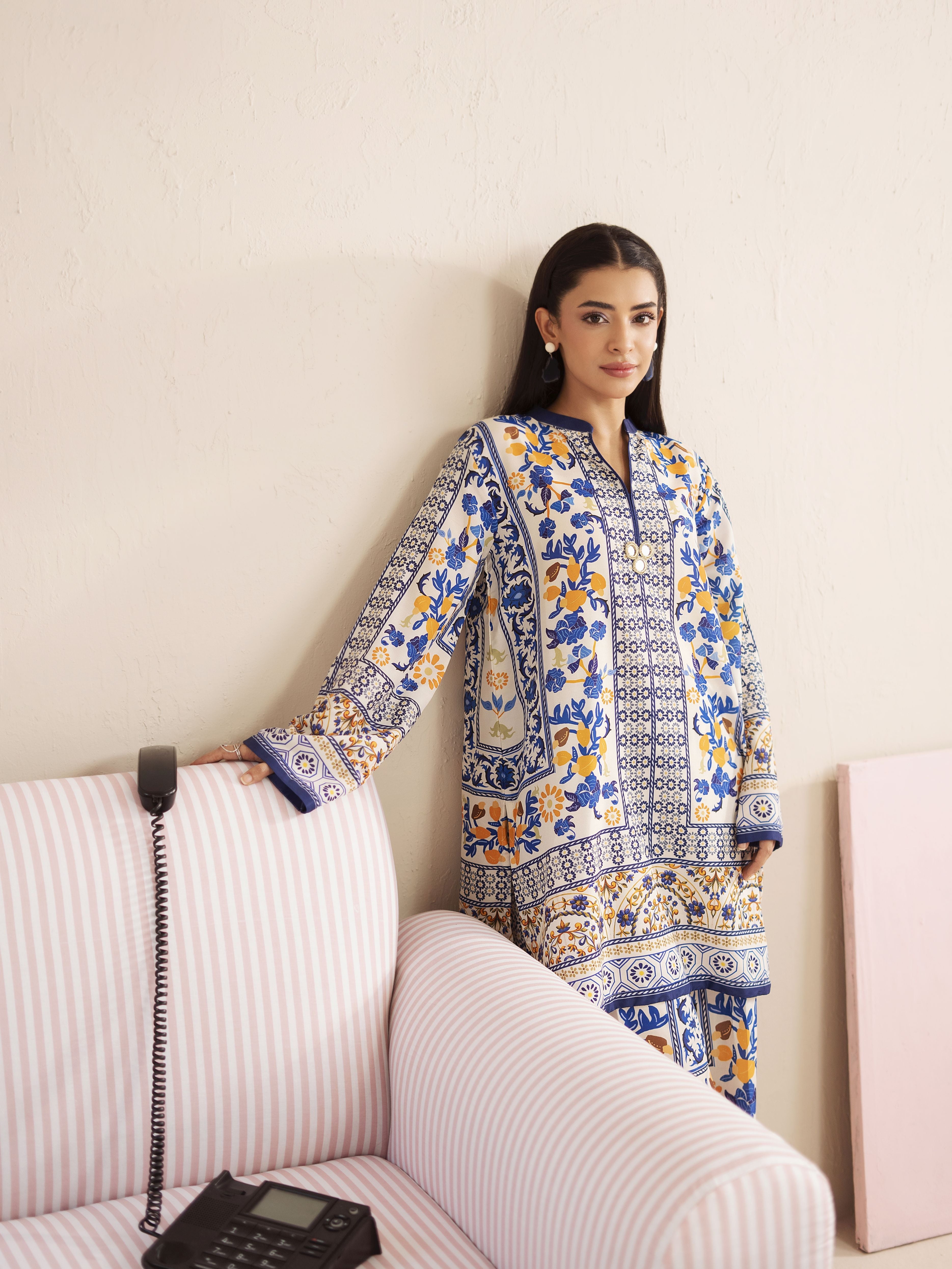 Everyday Luxe by Mona – Blue & Yellow Silk Lawn 2pc Co-Ord Set | MES2