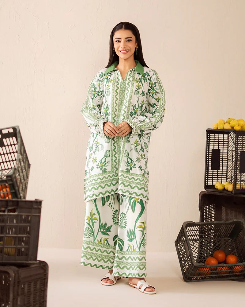 Everyday Luxe by Mona – Green Tropical Silk Lawn 2pc Co-Ord Set | MES4