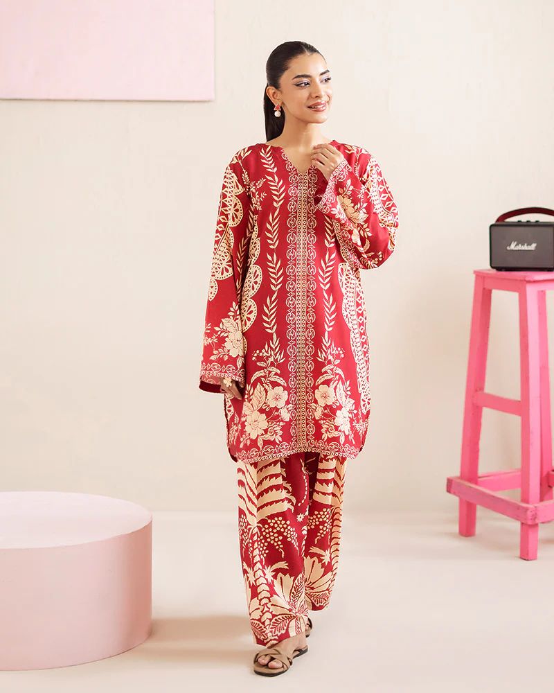 Everyday Luxe by Mona – Red & Beige Silk Lawn 2pc Co-Ord Set | MES5