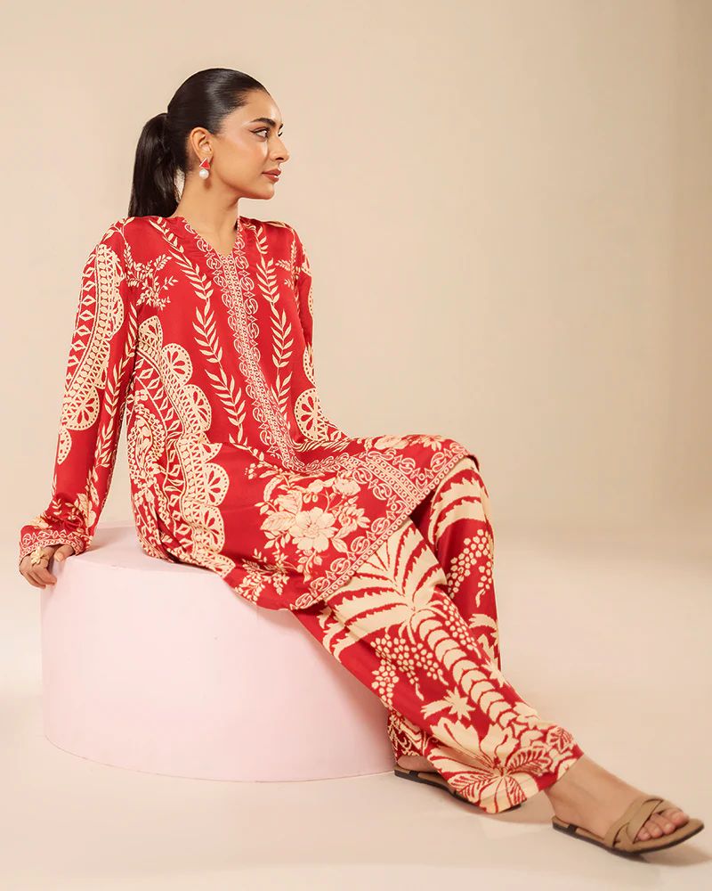 Everyday Luxe by Mona – Red & Beige Silk Lawn 2pc Co-Ord Set | MES5