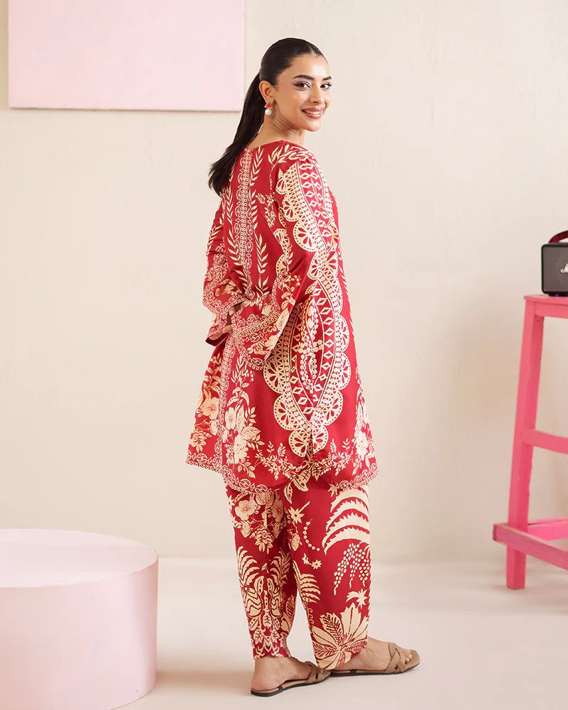 Everyday Luxe by Mona – Red & Beige Silk Lawn 2pc Co-Ord Set | MES5