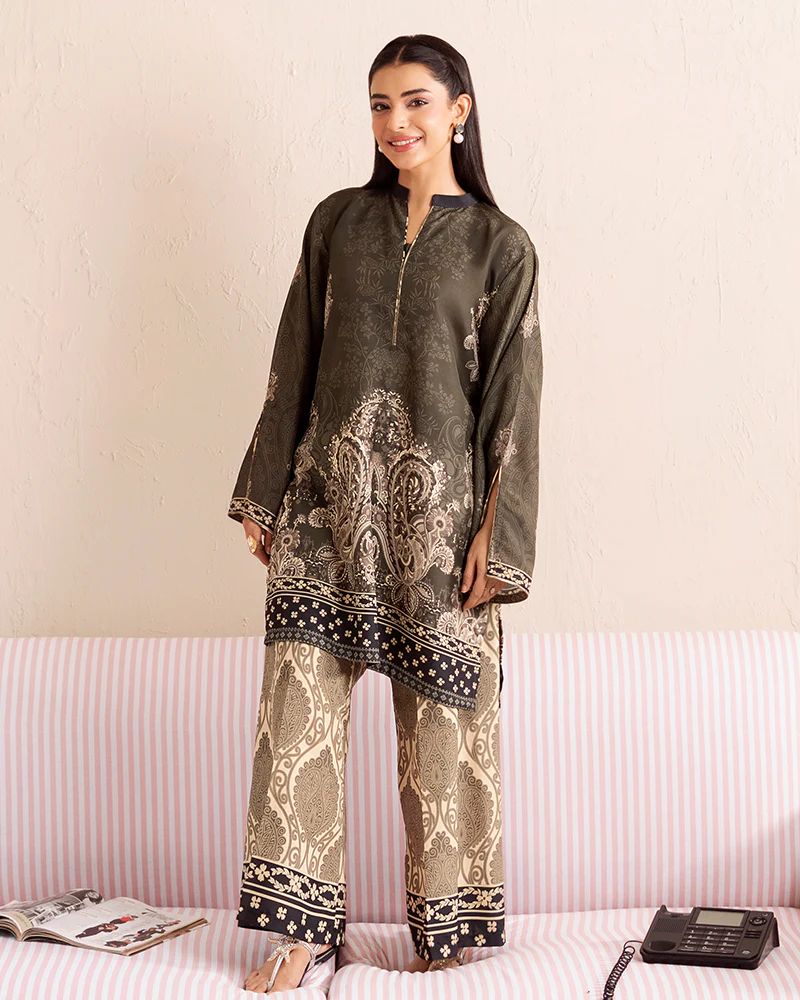 Everyday Luxe by Mona – Olive & Beige Silk Lawn 2pc Co-Ord Set | MES8