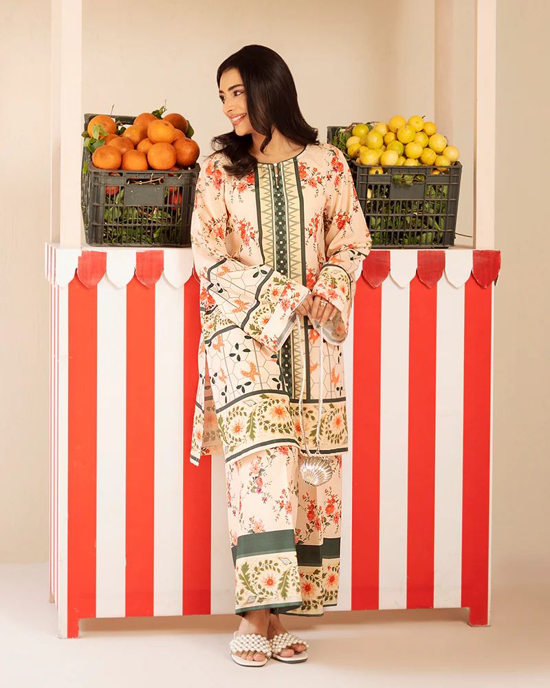 Everyday Luxe by Mona – Cream & Green Floral Silk Lawn 2pc Co-Ord Set | MES9