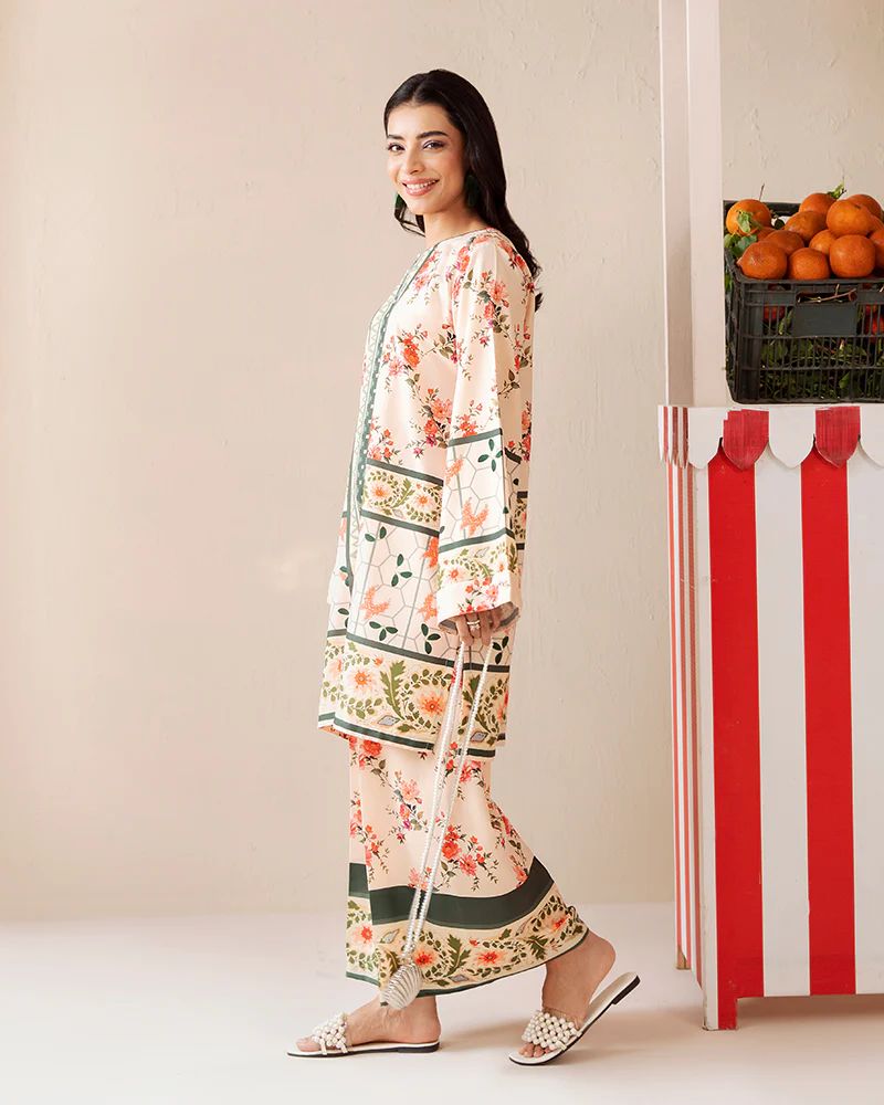 Everyday Luxe by Mona – Cream & Green Floral Silk Lawn 2pc Co-Ord Set | MES9