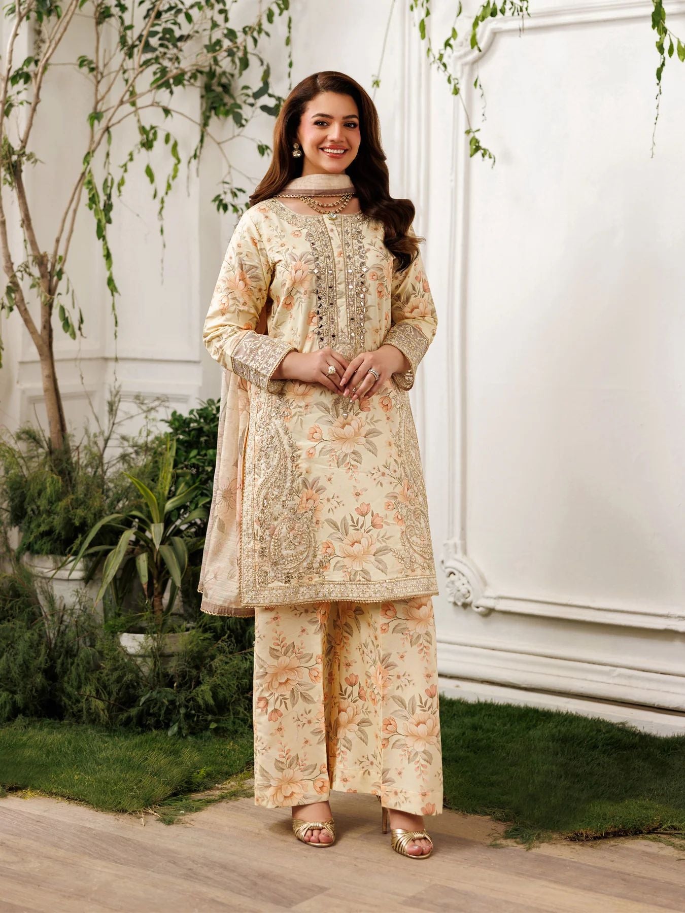 Mohagni MSS7 3pc Printed Cotton Embroidered Suit with Mirror Work & Monar Dupatta
