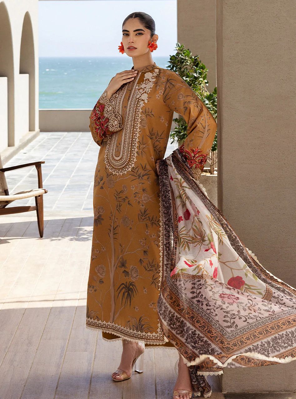 Rahma – Stitched Mustard Embroidered Lawn 3pc Suit by Zainab Chottani – ZCTL6