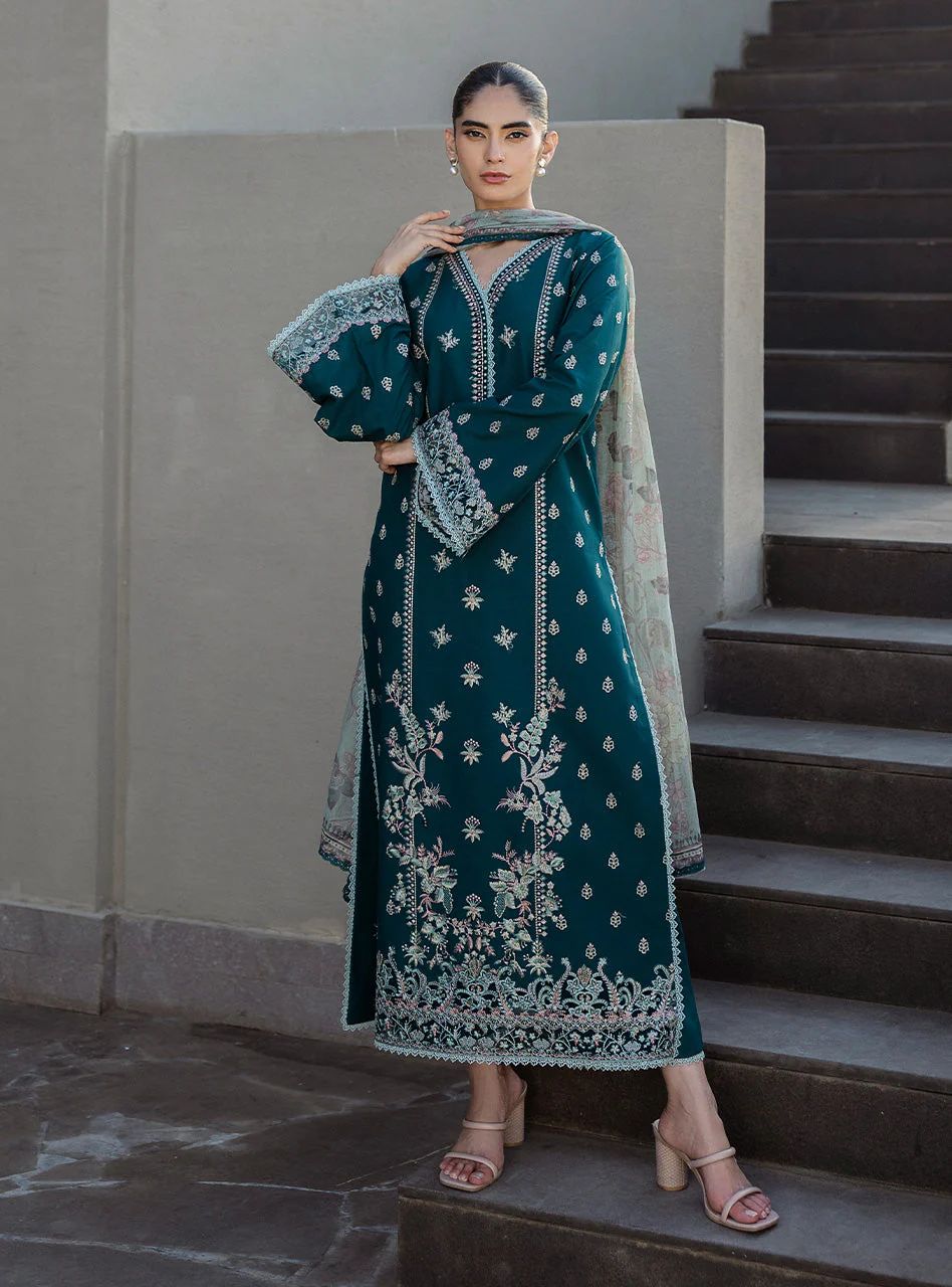Mina – Stitched Deep Teal Embroidered Lawn 3pc Suit by Zainab Chottani – ZCTL8