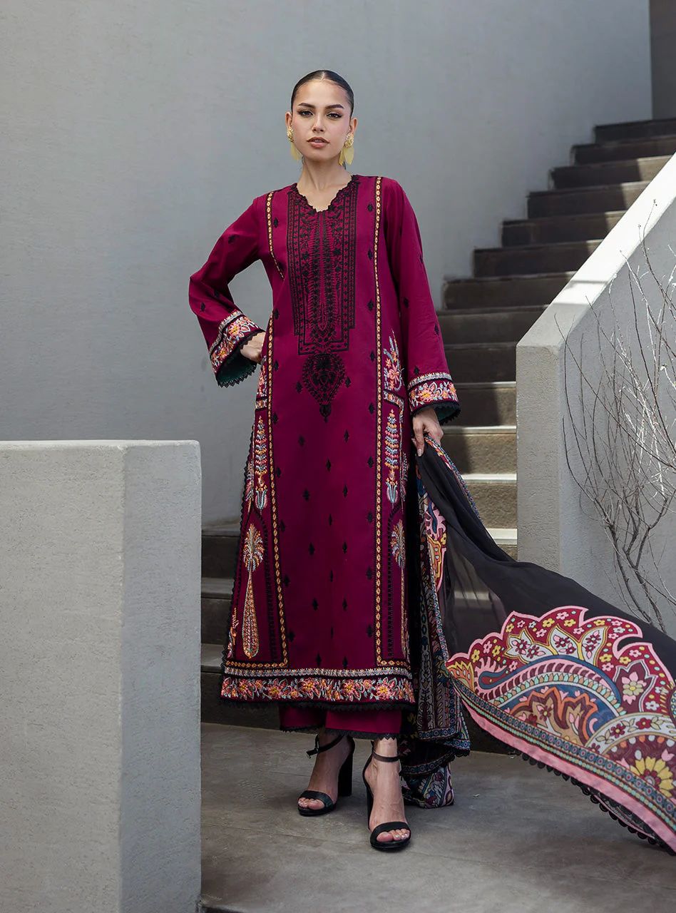 Mahay – Stitched Deep Maroon Embroidered Lawn 3pc Suit by Zainab Chottani – ZCTL12