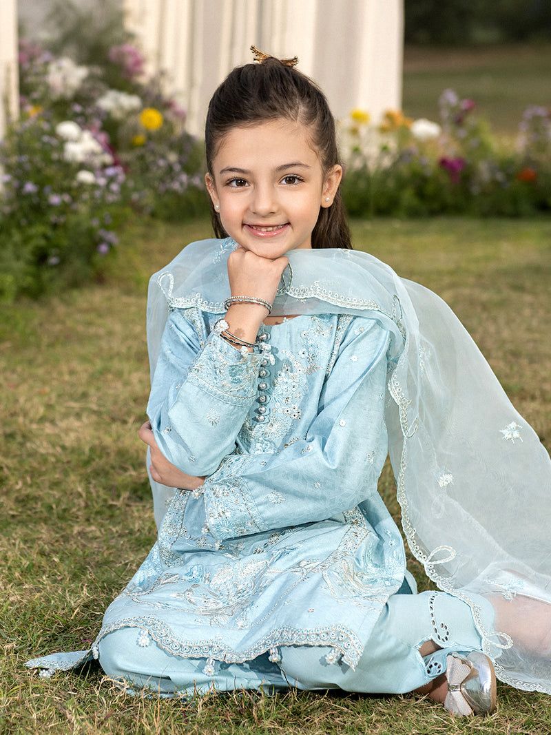 Hania’s Eid Twinning Charm by Mona – Ice Blue Chikankari Jacquard HEC11