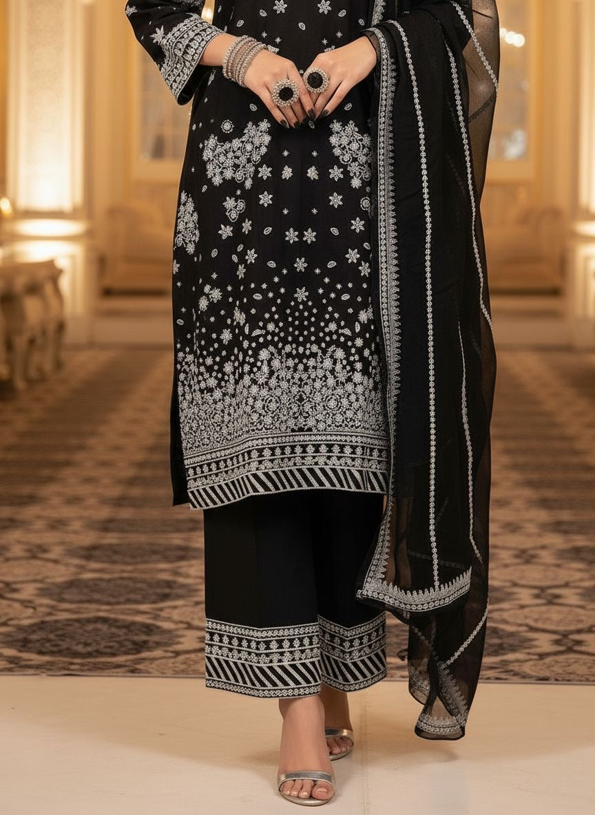Zaiwa 3pc Black Khaddar Thread & Sequin Embroidered Suit ZWL22
