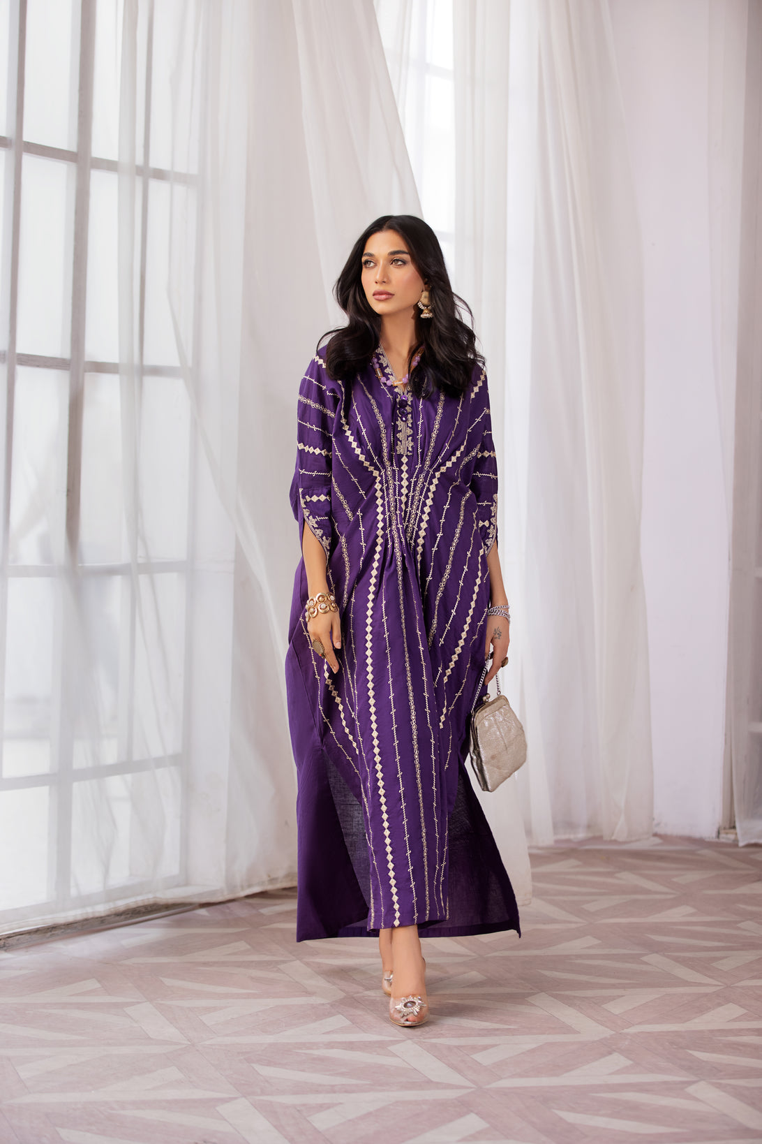 lawn kaftan dress design Designer Kaftan Swiss Lawn 3 Piece Digital Print Free Size Dress - STITCHED