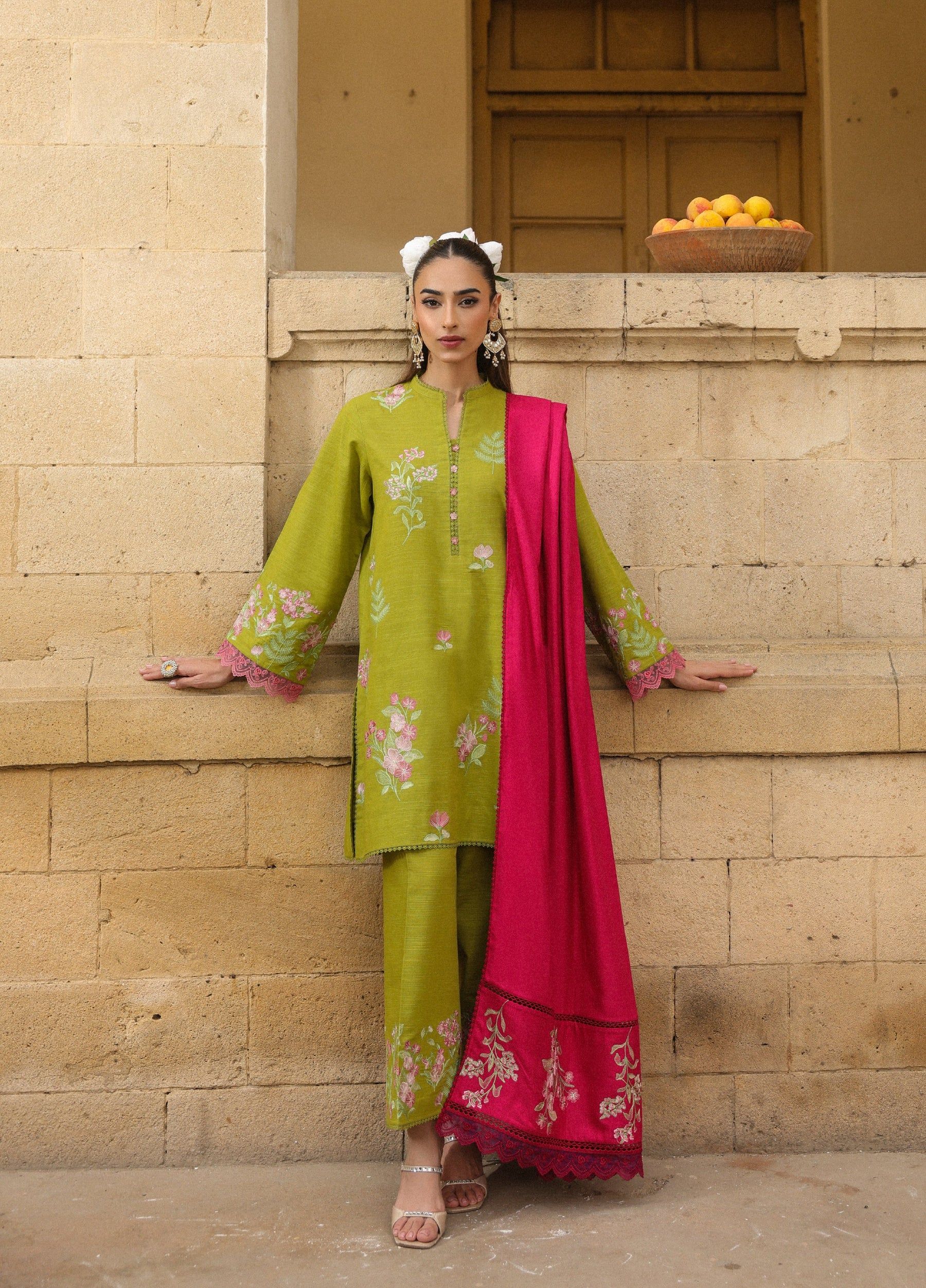ZSA2 Ziya by Sahar – Olive Embroidered Khaddar 3PC with Wool Shawl