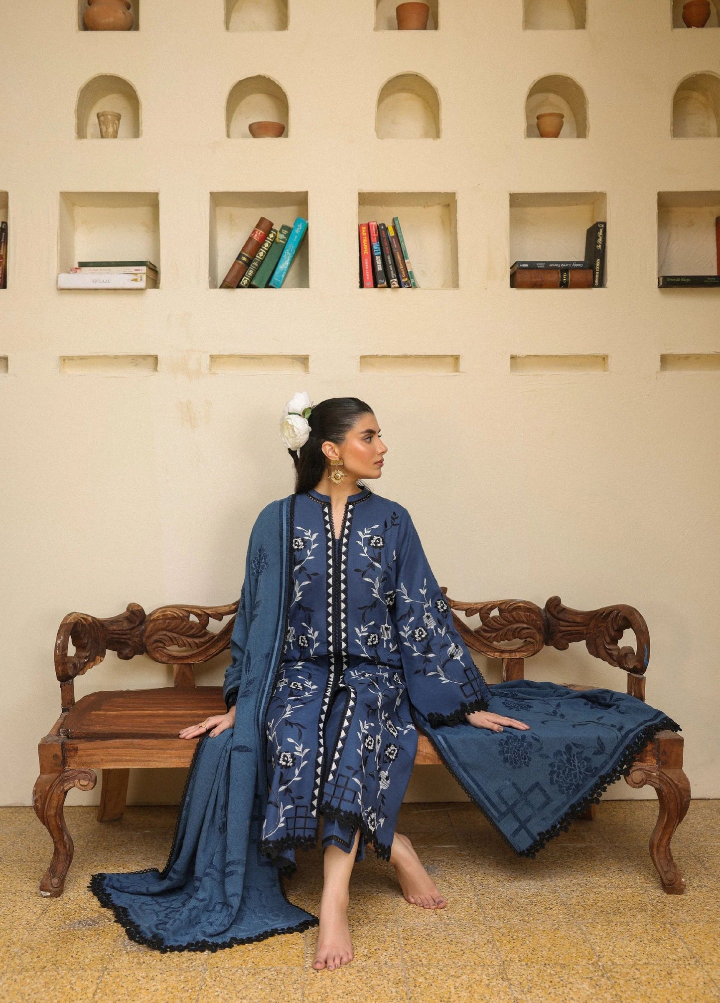 ZSA6 Ziya by Sahar – Midnight Blue Khaddar 3PC with Wool Shawl ZSA6