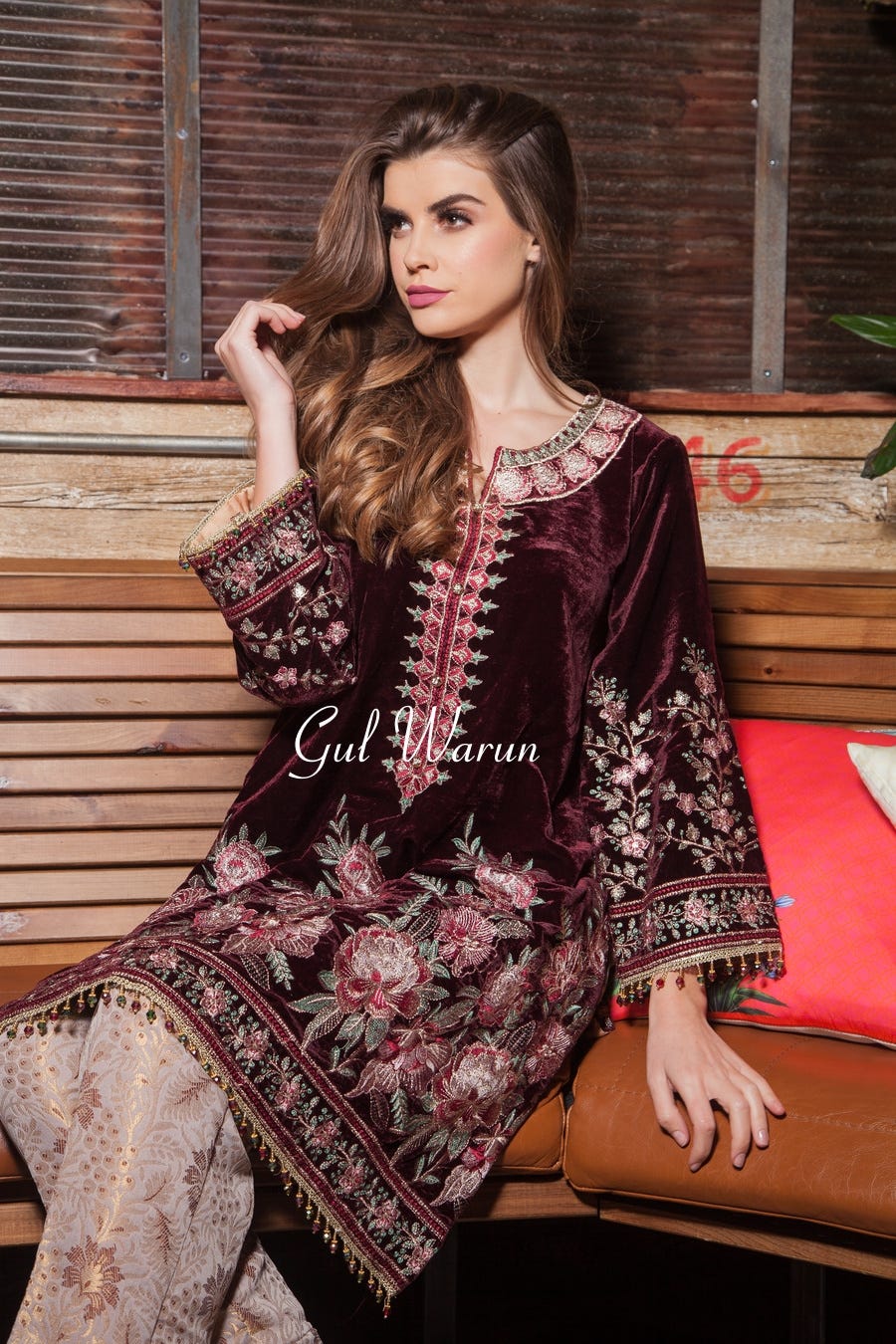 Crimson Luxury Velvet Dress by Gulwarun