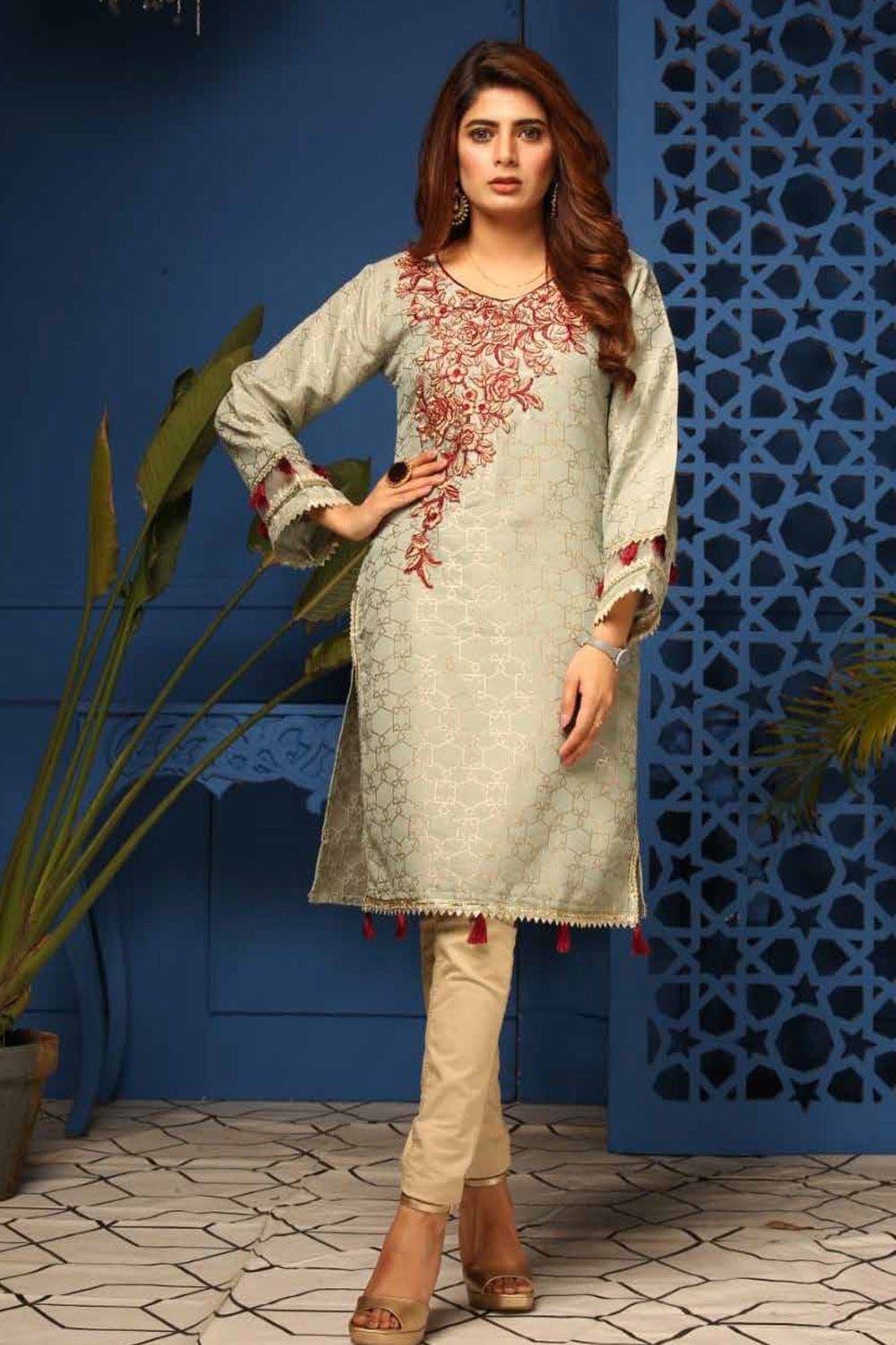 Jacquard Embroidered Kurta by Simrans