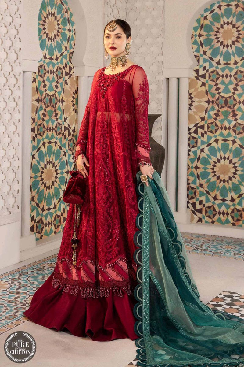Maria B. Chiffon Cherry red with Shades of Teal 02