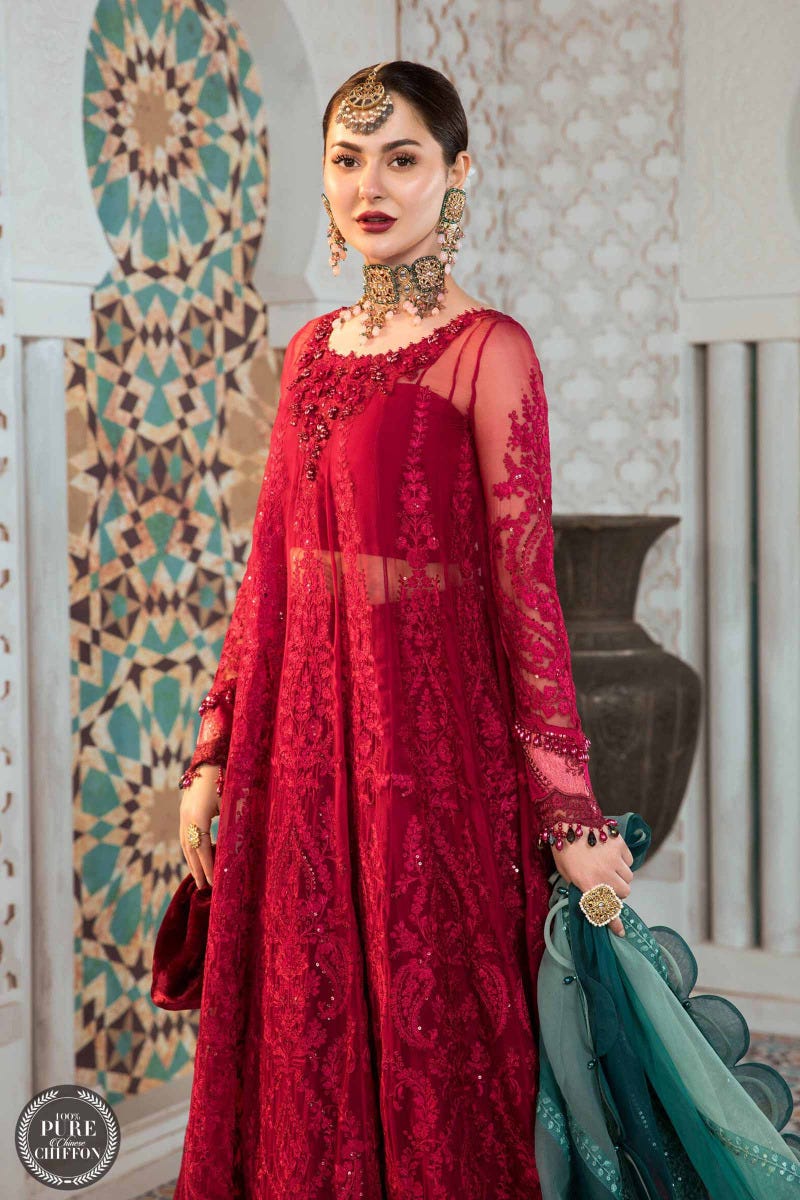 Maria B. Chiffon Cherry red with Shades of Teal 02
