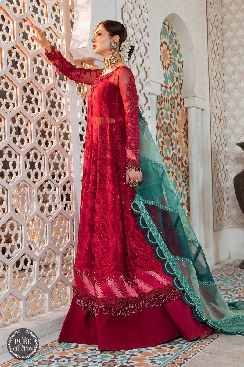 Maria B. Chiffon Cherry red with Shades of Teal 02