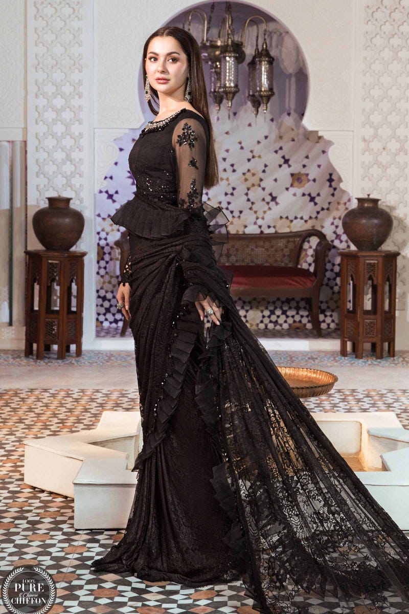 Maria B. Chiffon Black Saree 06