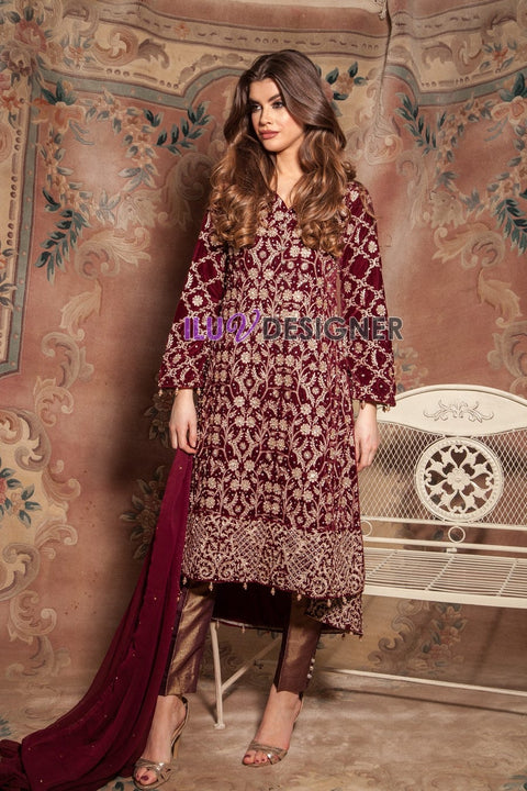 Velvet Embroidered Dress with pearls detailing by Simrans