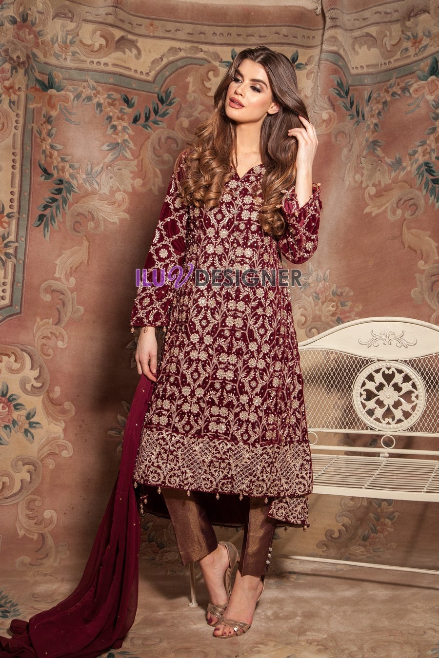 Velvet Embroidered Dress with pearls detailing by Simrans
