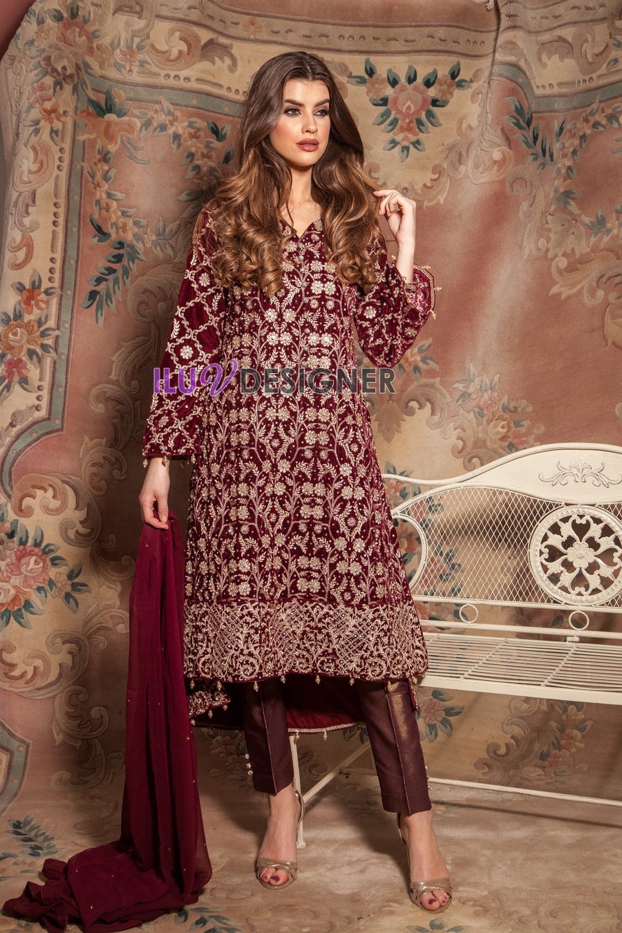Velvet Embroidered Dress with pearls detailing by Simrans