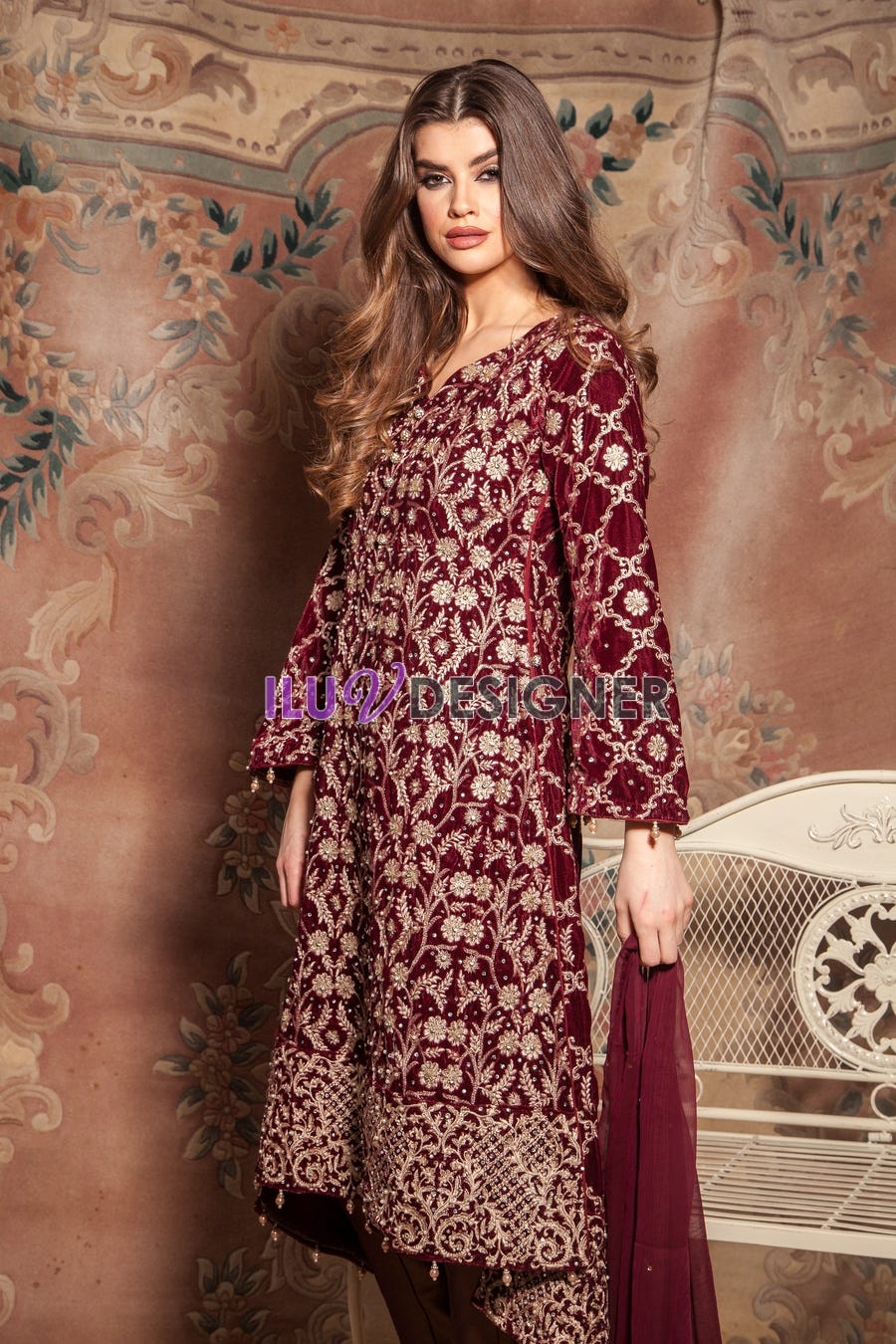 Velvet Embroidered Dress with pearls detailing by Simrans